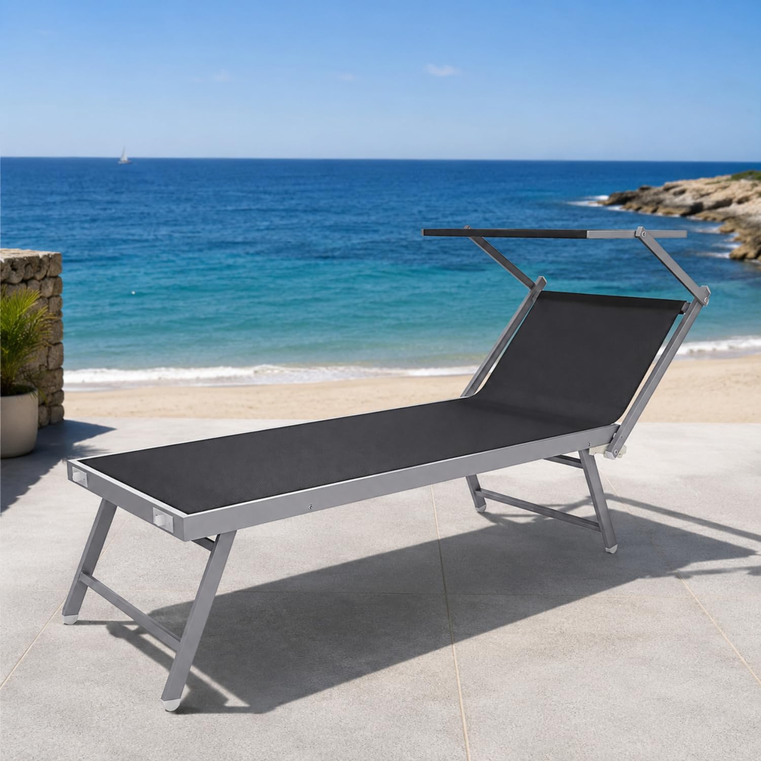 Bricozone Lettino Pieghevole Prendisole in Alluminio E Tessuto Textilene Professionale Con Tettuccio Parasole Orientabile Sdraio Per Mare Spiaggia Piscina Giardino 182 x 60 x 38 Cm Nero