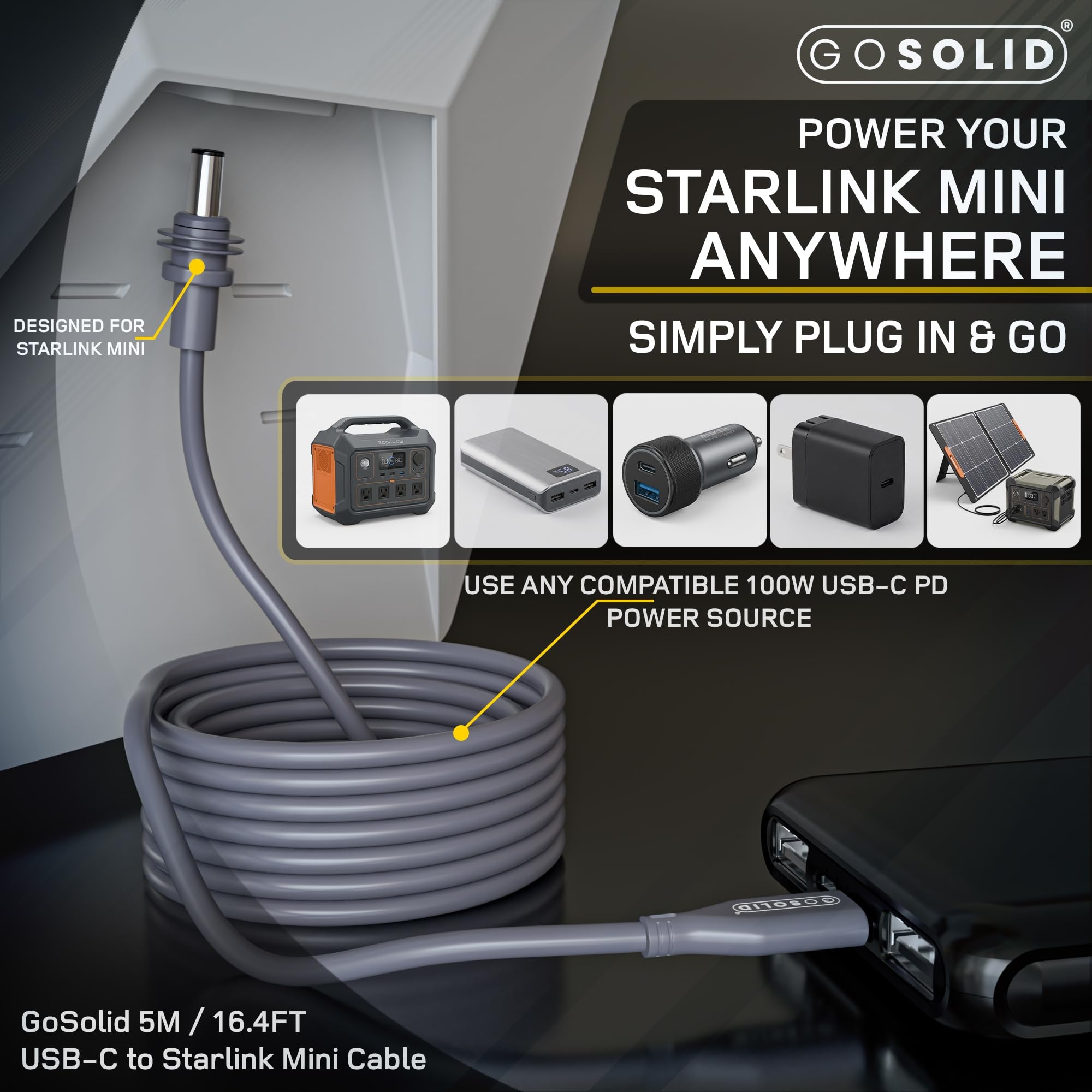 GO SOLID! Cavo USB-C a DC 10m — Compatibile con caricabatterie PD e Starlink Mini