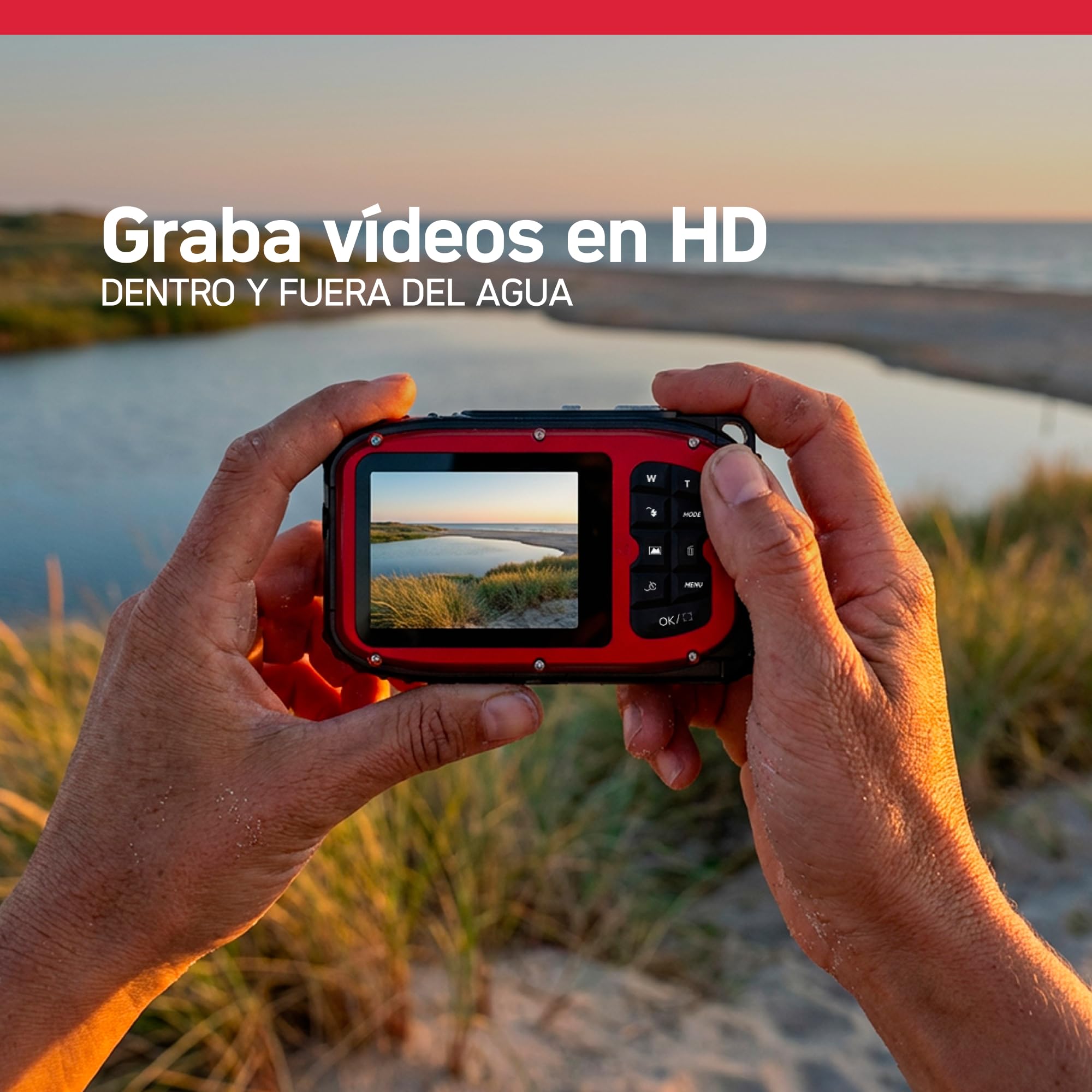 AGFA Photo Realishot WP6000 – Cámara Digital Impermeable, 3 m/10 ft, 18 MP, vídeo HD, Pantalla LCD 2,4", Zoom Digital 16x, autofoco, Espejo Selfie, batería de Litio – Rojo