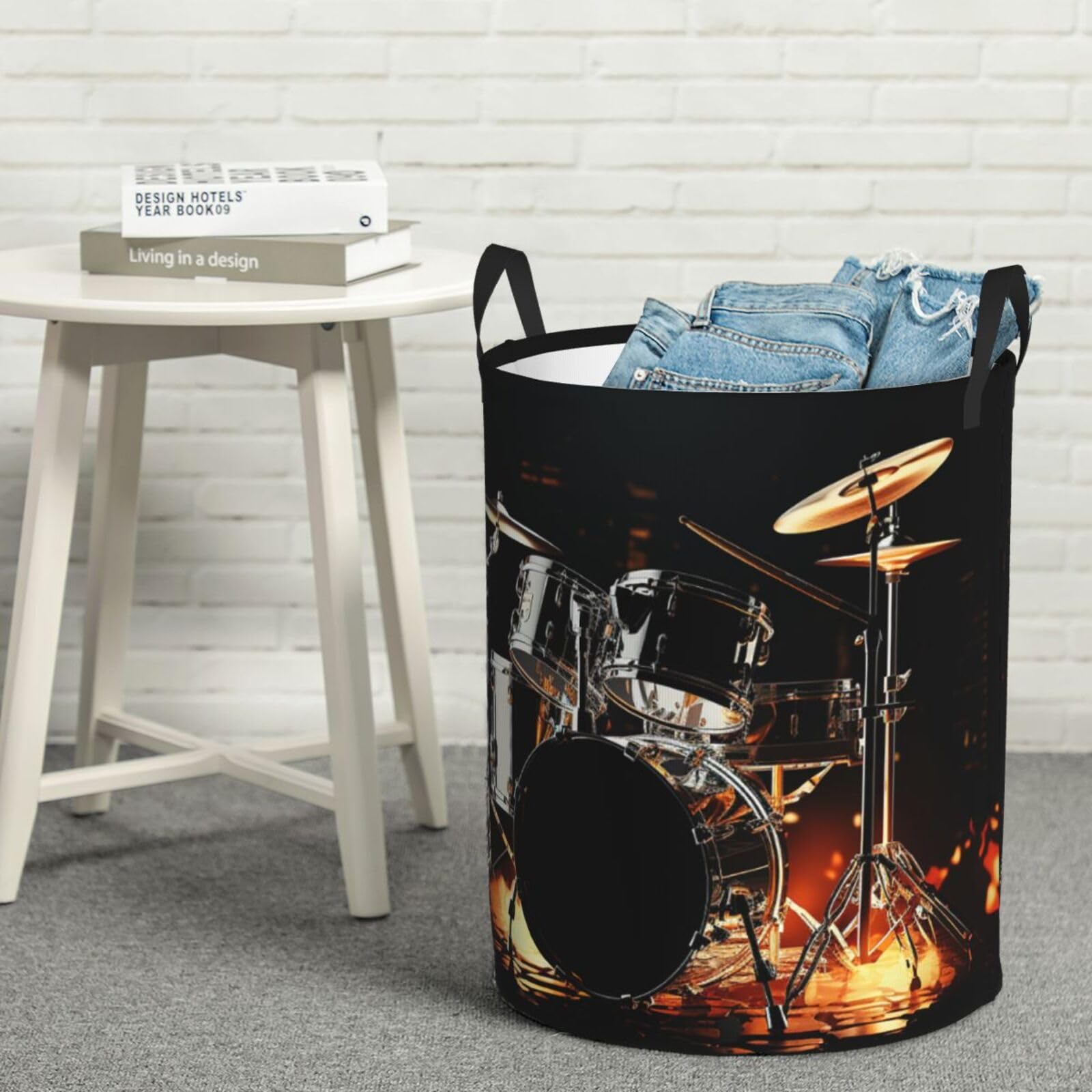 Fodpand Black Drummer Laundry Basket With Handle, Freestanding Laundry Hamper, Collapsible Dirty Clothes Hamper, Waterproof Fabric Blanket Storage Basket Tall Toy Storage Bin Room Decor Small