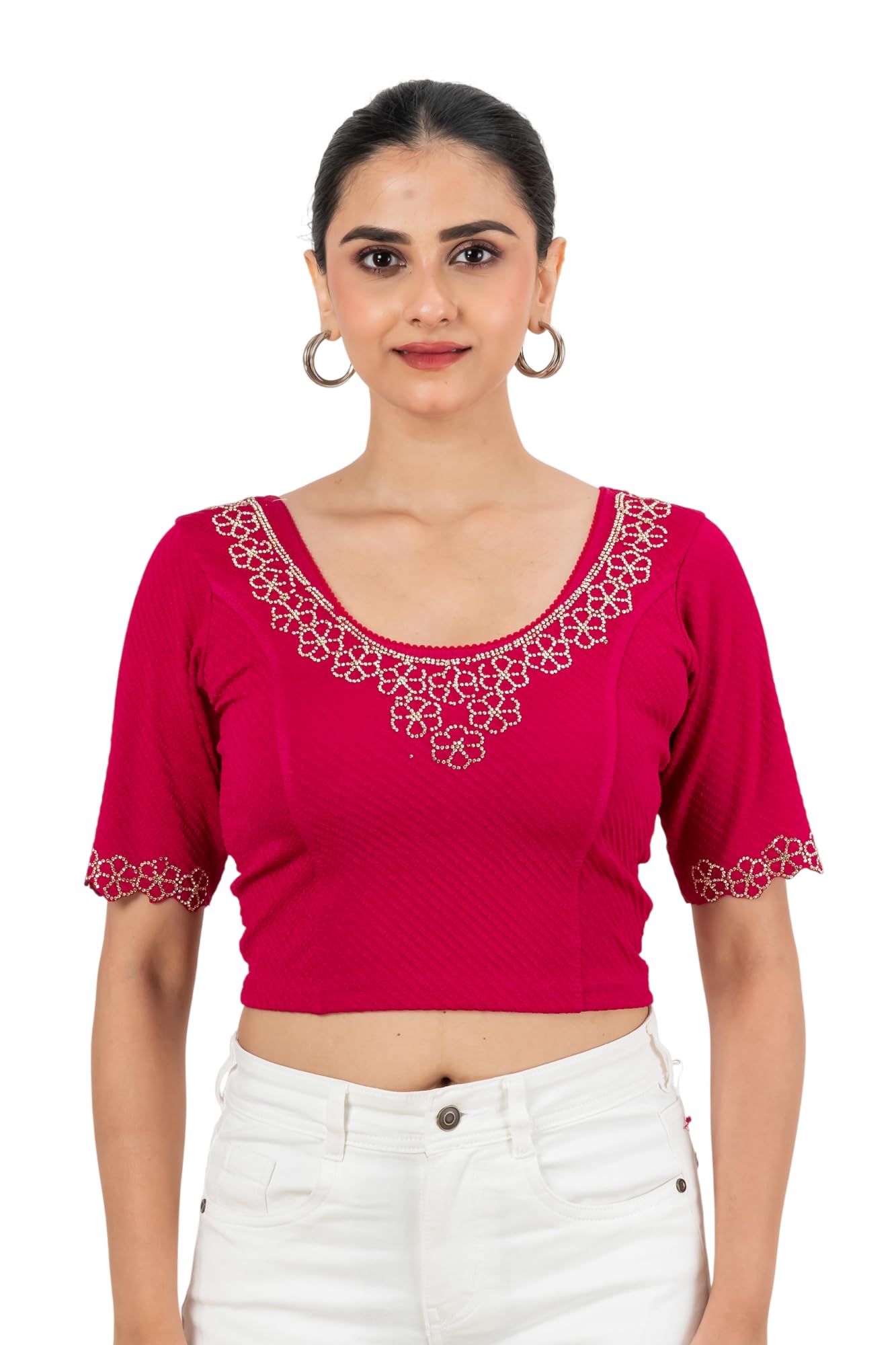 Women's Stretchable Lycra Blouse with Siroski Work, Self Textured Designer Elbow Sleeve Saree Blouse Choli-picture-31