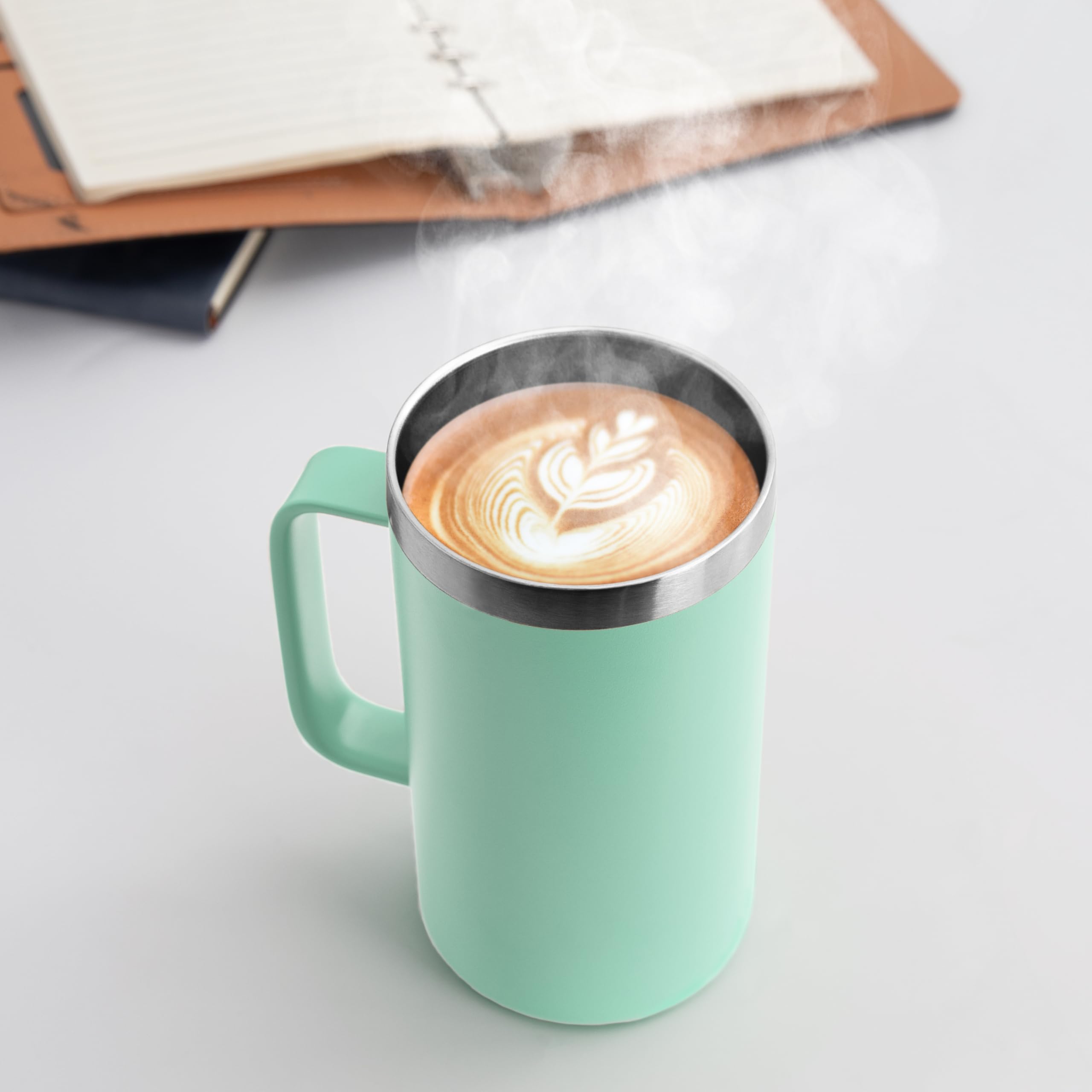 DOMICARE Taza de café de acero inoxidable de 24 onzas con asa y tapa, taza de viaje con asa, vaso de café al vacío de doble pared, taza aislada reutilizable, verde menta, paquete de 8
