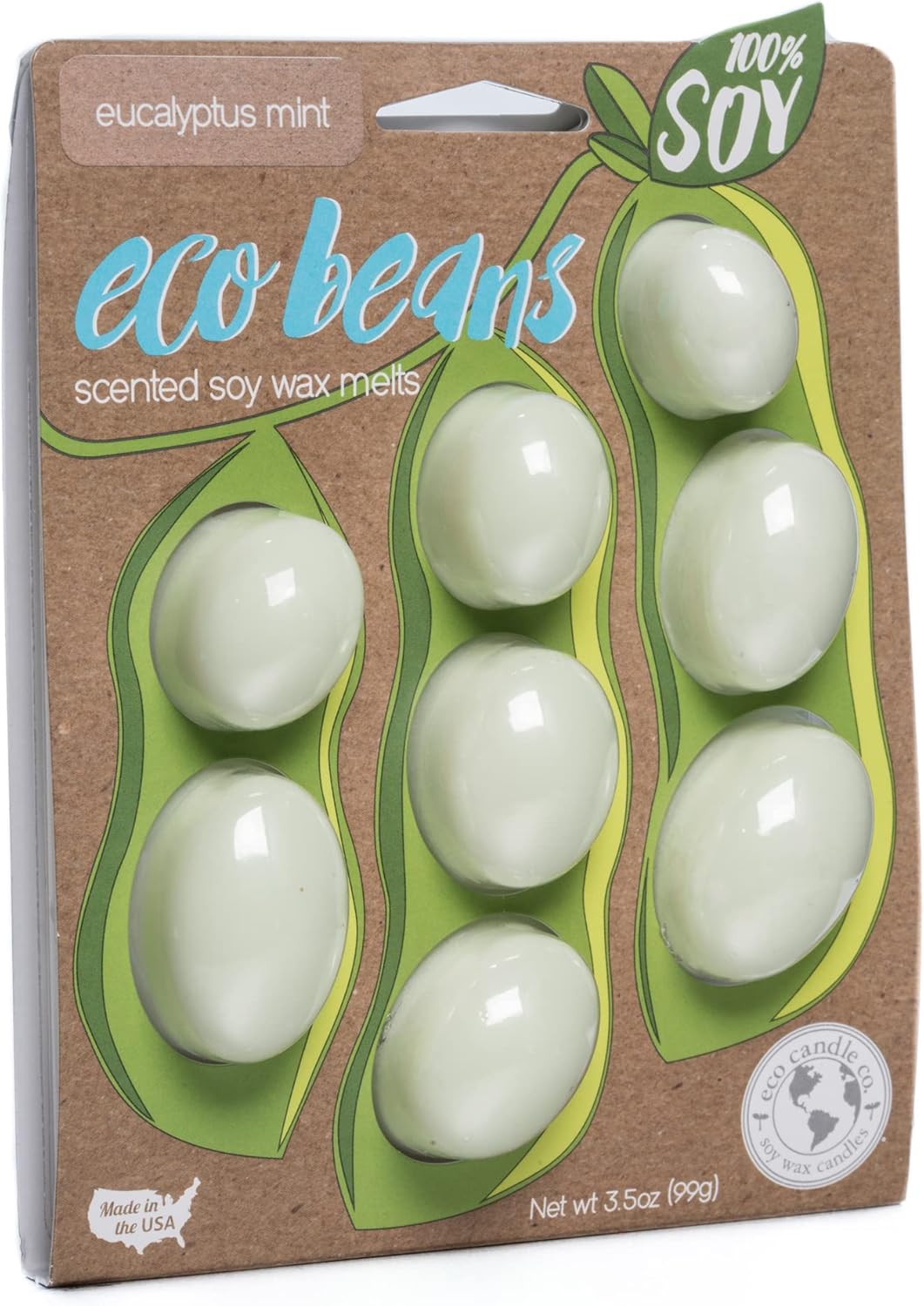 Eco Candle Co. Eco Beans Wax Melts 2-Pack, Eucalyptus Mint, 3.5 oz. – Scents of Eucalyptus, Spearmint, & Peppermint – 100% Soy Wax Fragrance & Essential Oil Blends, Phthalate Free