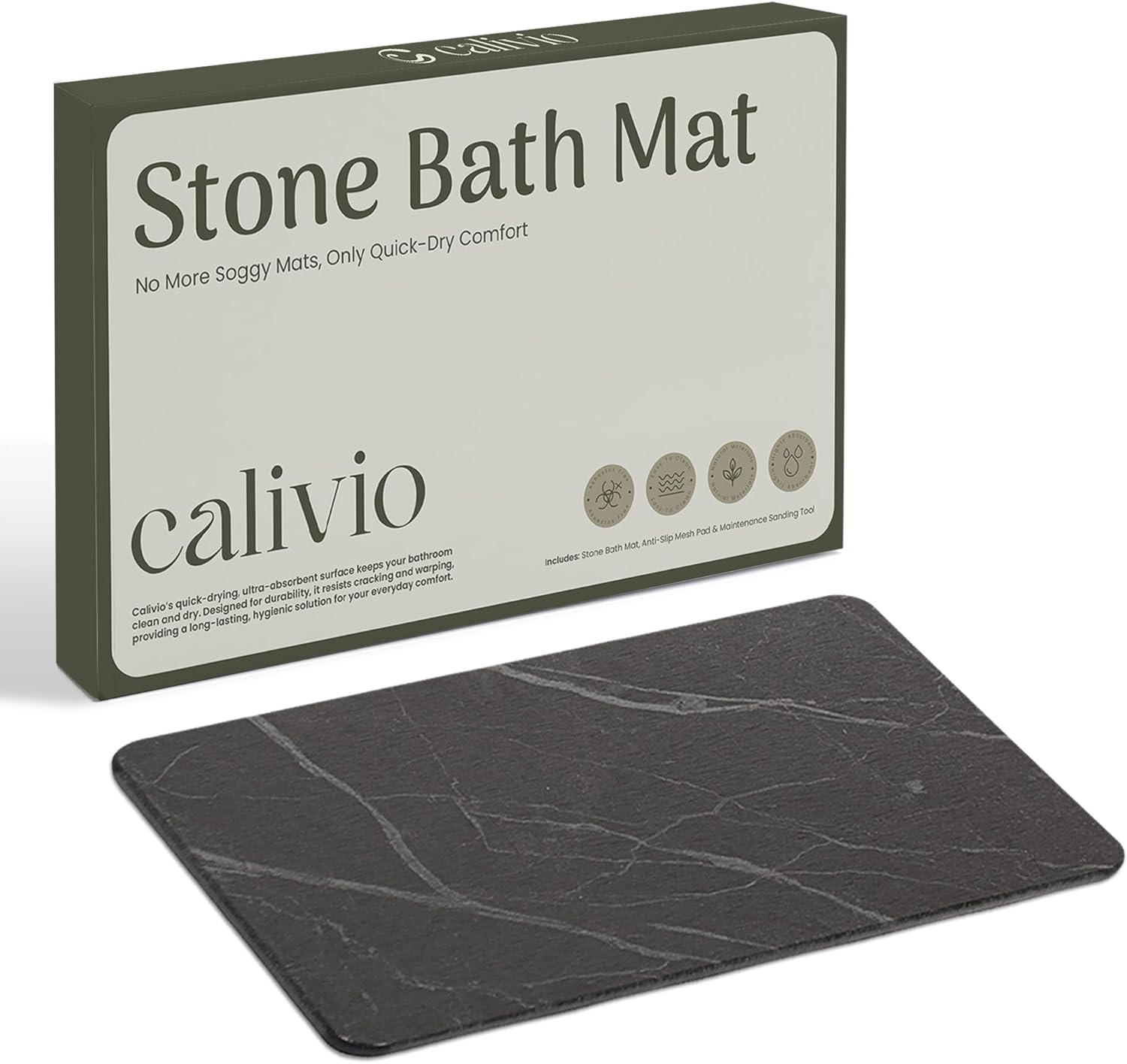 Quick Dry Shower Stone Bath Mat, Super Absorbent & Non-Slip 24 x 16 Inch Diatomaceous Earth Mat, Durable & Easy to Clean Diatomite Bath Mat for Bathroom Floor/Kitchen (Dark Gray) Black Marble