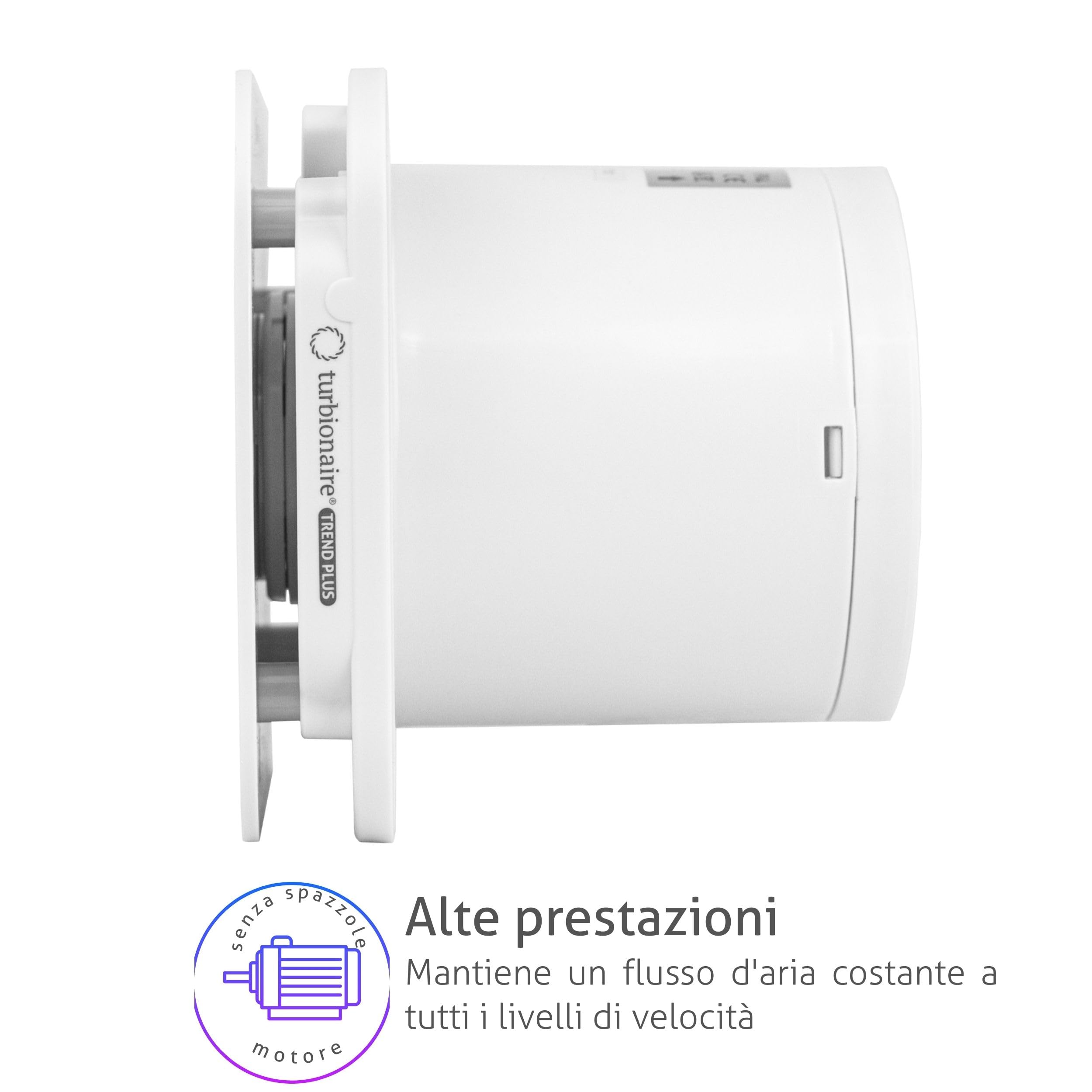 Turbionaire Trend Plus 100 WM Ventilatore, Estrattore per Bagno,100mm, Telecomando, Multifunzione, 22dB, Max. 5.7W, 7 Velocità + Boost, Valvola di Non Ritorno, Timer, Garanzia 3 Anni, Aspiratore