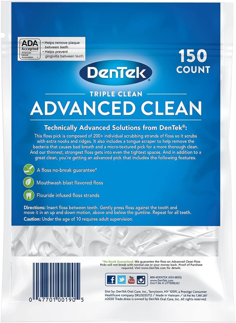 DenTek Triple Clean Floss Picks, No Break Guarantee, 150 Count, 3 Pack : Health & Household
