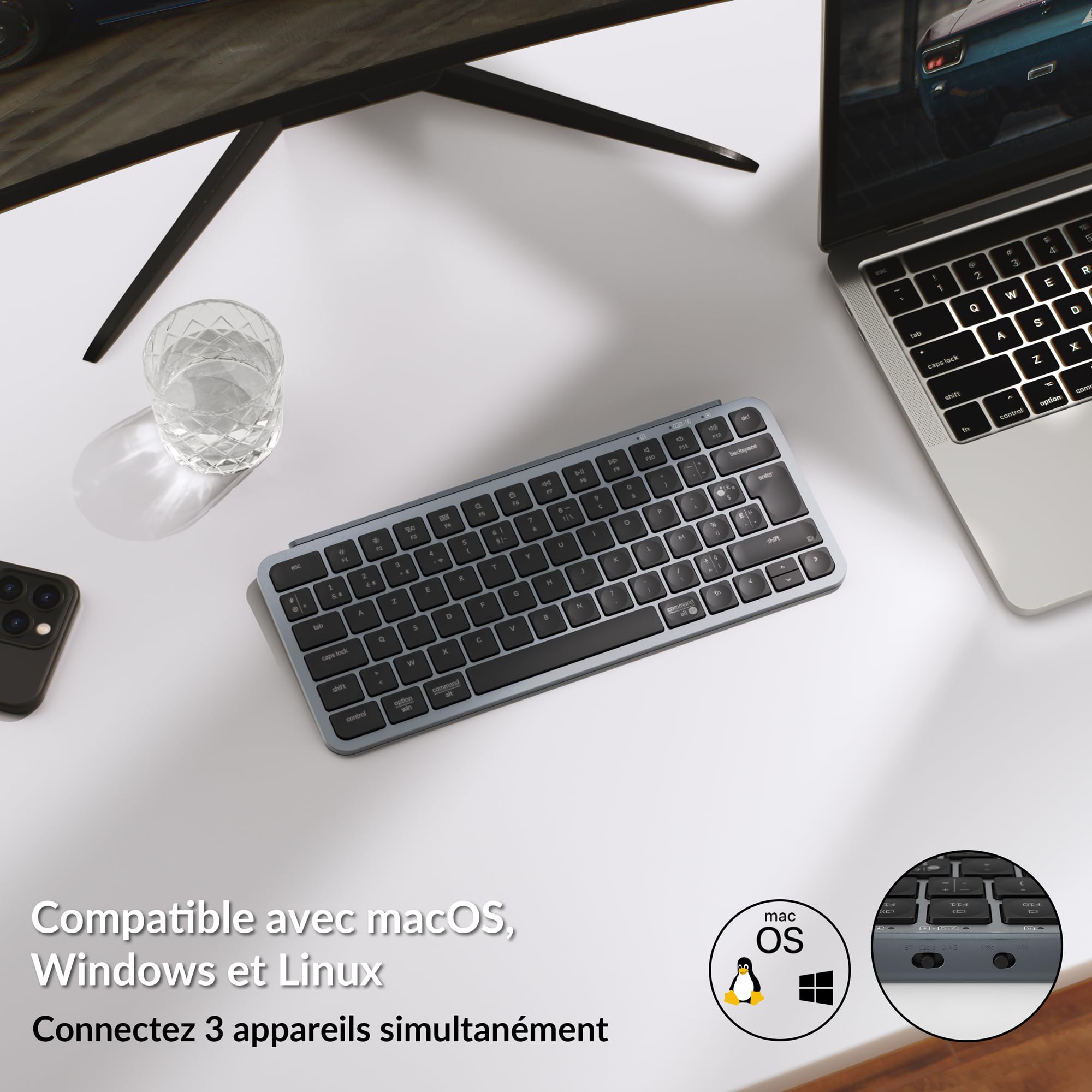 Keychron B1 Pro Clavier sans Fil, Clavier Français AZERTY Layout, 2.4 GHz/Bluetooth/Filaire, Custom Programmable, Extra-Fin, Compatible avec Mac et Windows - Gris Sidéral