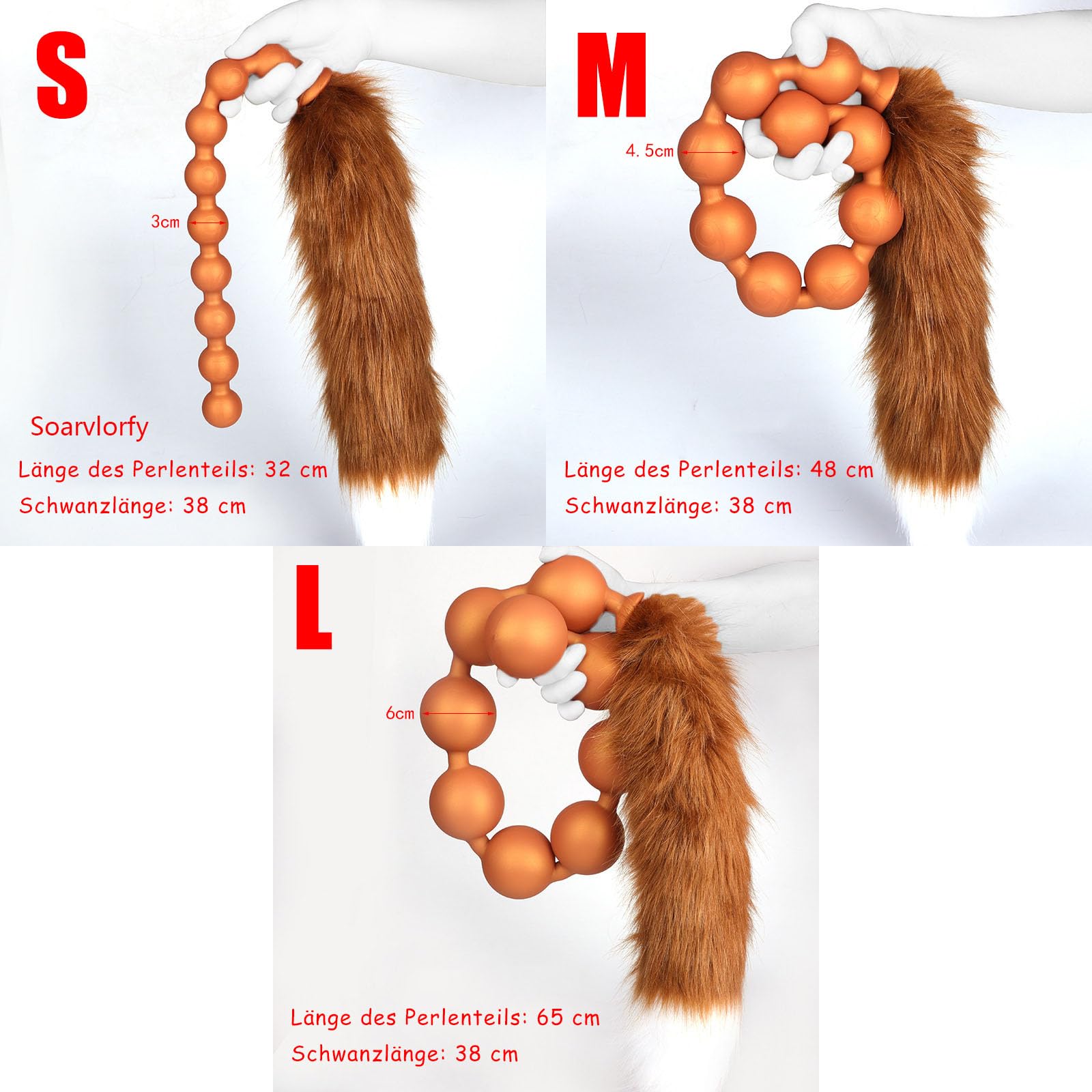 Perlina anale in silicone a coda di volpe con catena anale con 9 palline, tappi anali a coda di volpe, giocattolo sessuale SM, masturbazione, dildo anale for donne e uomini(Gold,L)