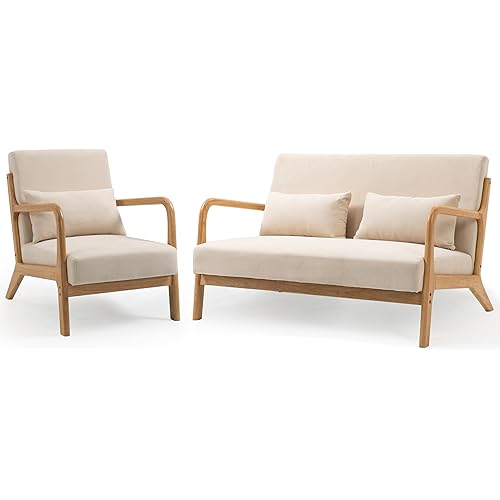 JOYBASE Loveseat Sofa Set Small Loveseat Couch and Accent Chair, Mid-Century Modern Living Room Furniture Sets for Small Spaces, Apartment, Office (Beige)