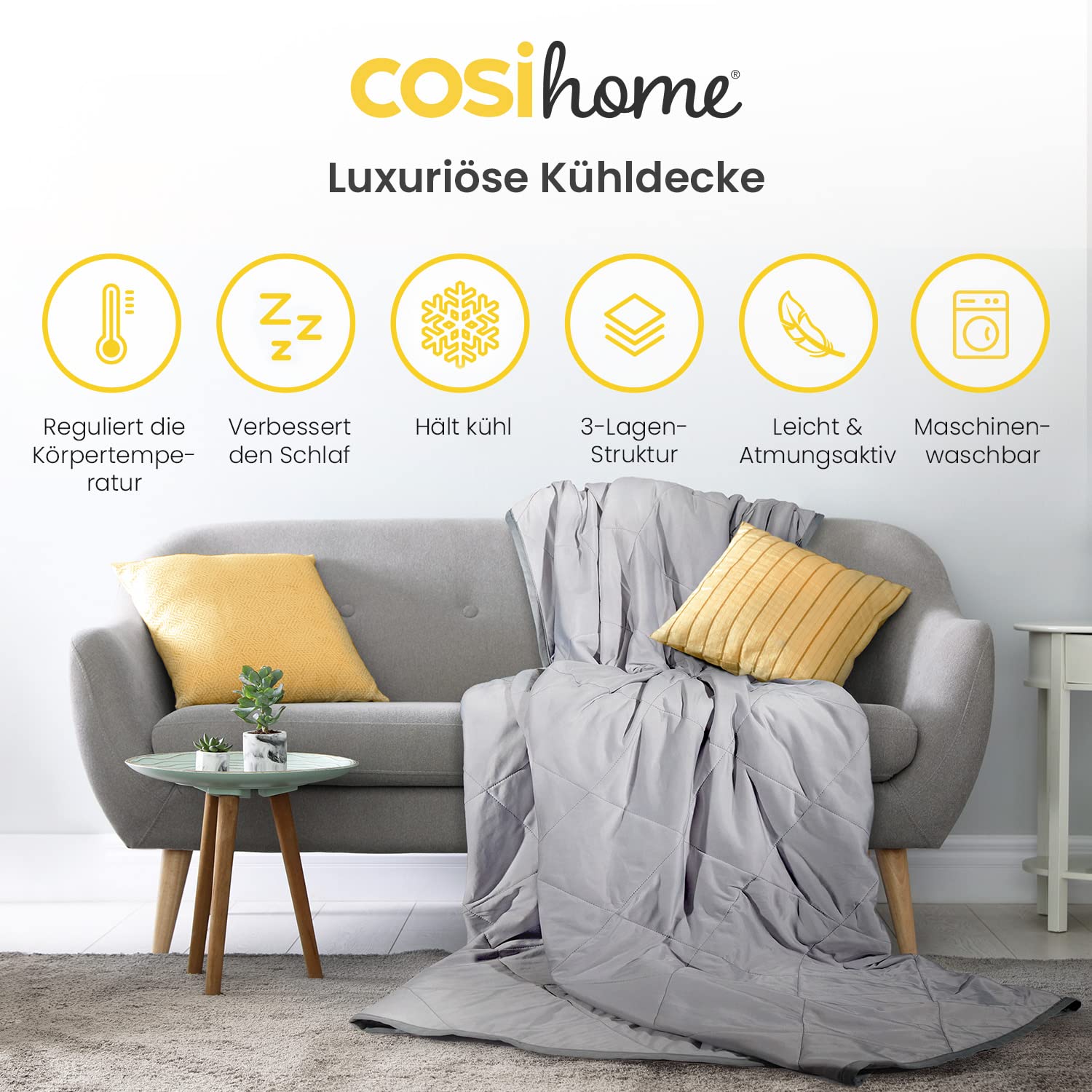Cosi Home Premium Kühldecke 150x200 cm Grau Q-Max>0.4 Kühlfasern atmungsaktiv gegen Nachtschweiß