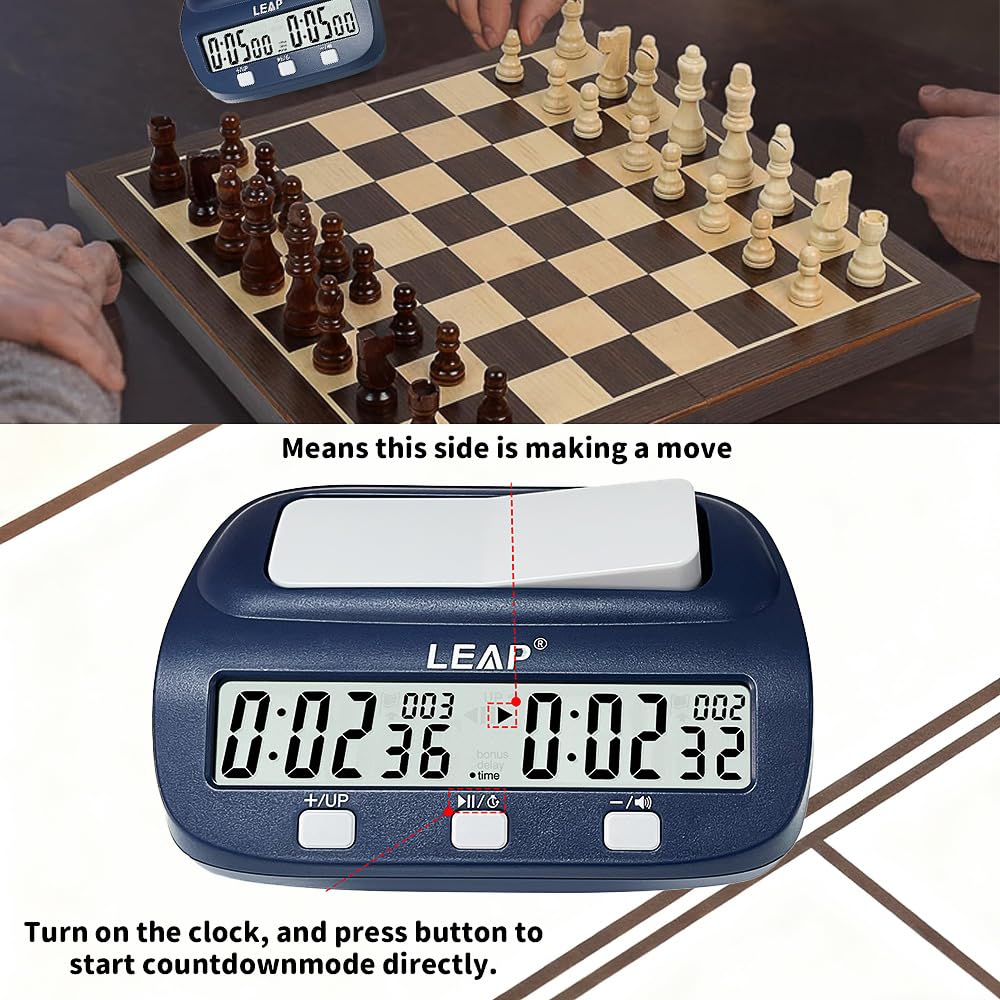 Orologio da Scacchi, Professionale Timer Scacchi con Display, Conteggio Alla Rovescia/Bonus/Ritardo, 3 Pulsanti di Controllo, Design da Competizione Timer per Tornei e Giochi da Tavolo (Blu)