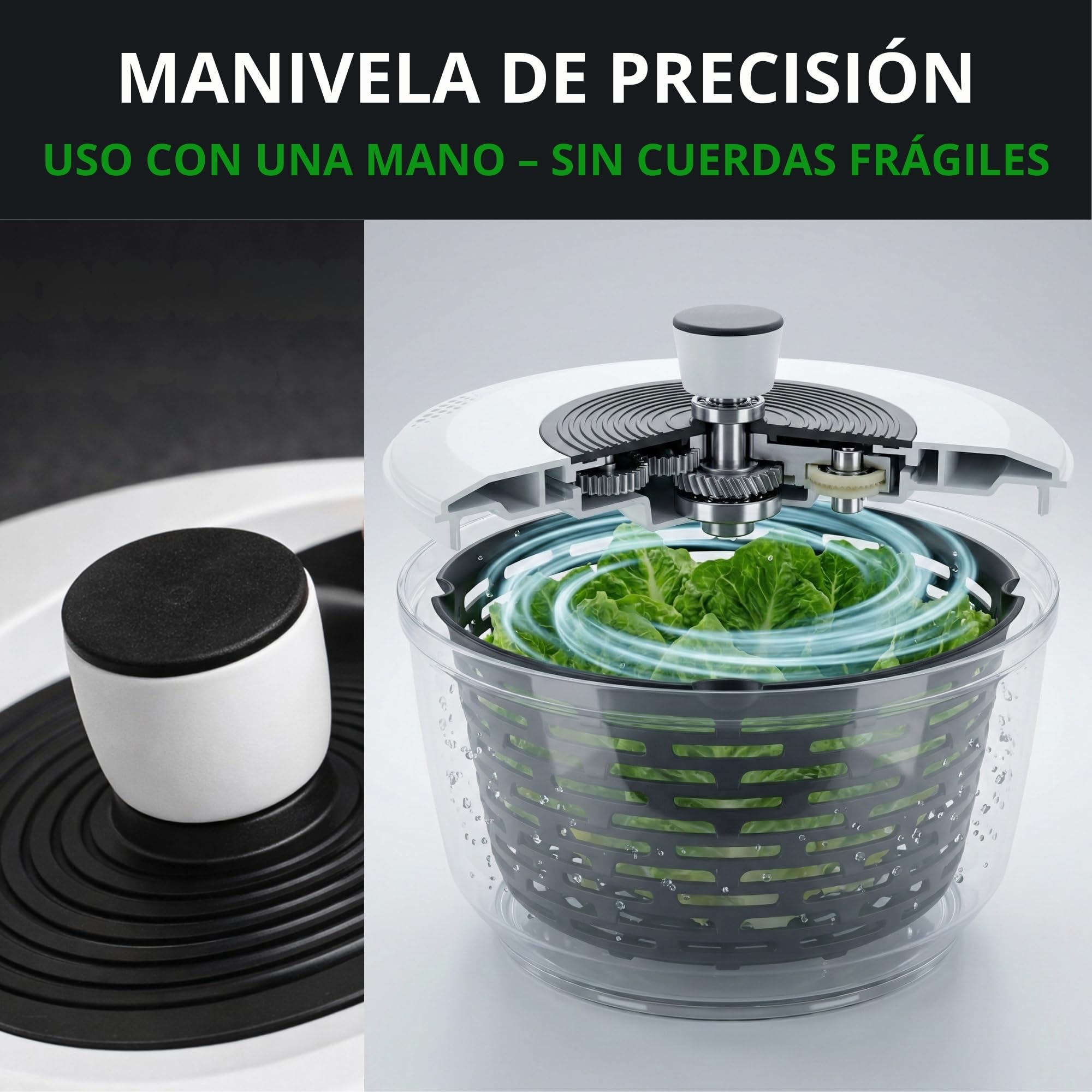 Centrifugadora de ensalada Premium 5 L – 60 días sin riesgo – 2 en 1 antideslizante: centrifugadora + bol – Ø 24,5 cm – libre de BPA – lavavajillas – para secar ensalada/lechuga – eBook incluido
