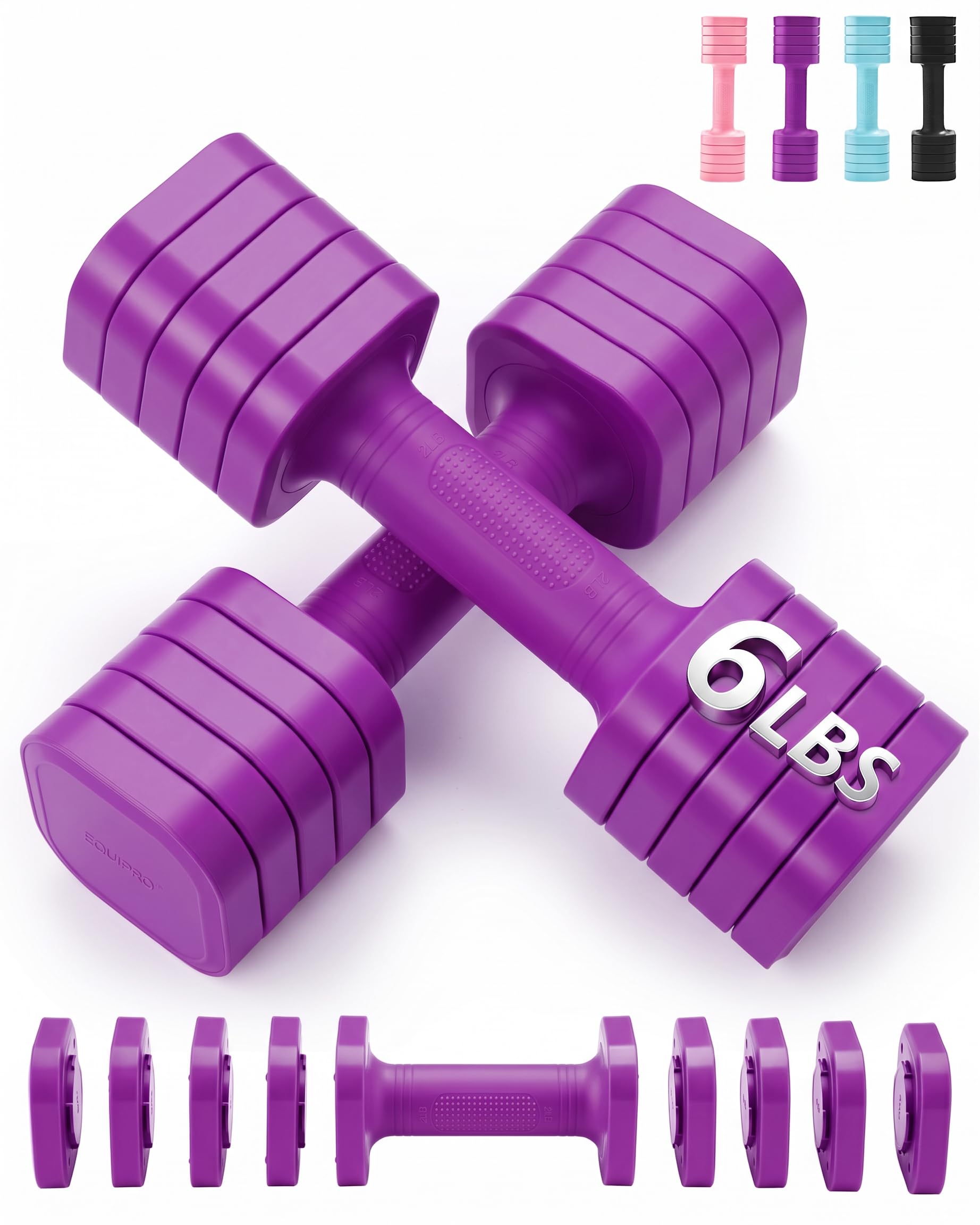 Equipro Handgewichte für Frauen zu Hause, 2,7 kg, verstellbare Hanteln, 2 Stück, schnell verstellbare Hanteln mit weichem TPU-Gummigriff für Zuhause, Fitnessstudio, Training, Training