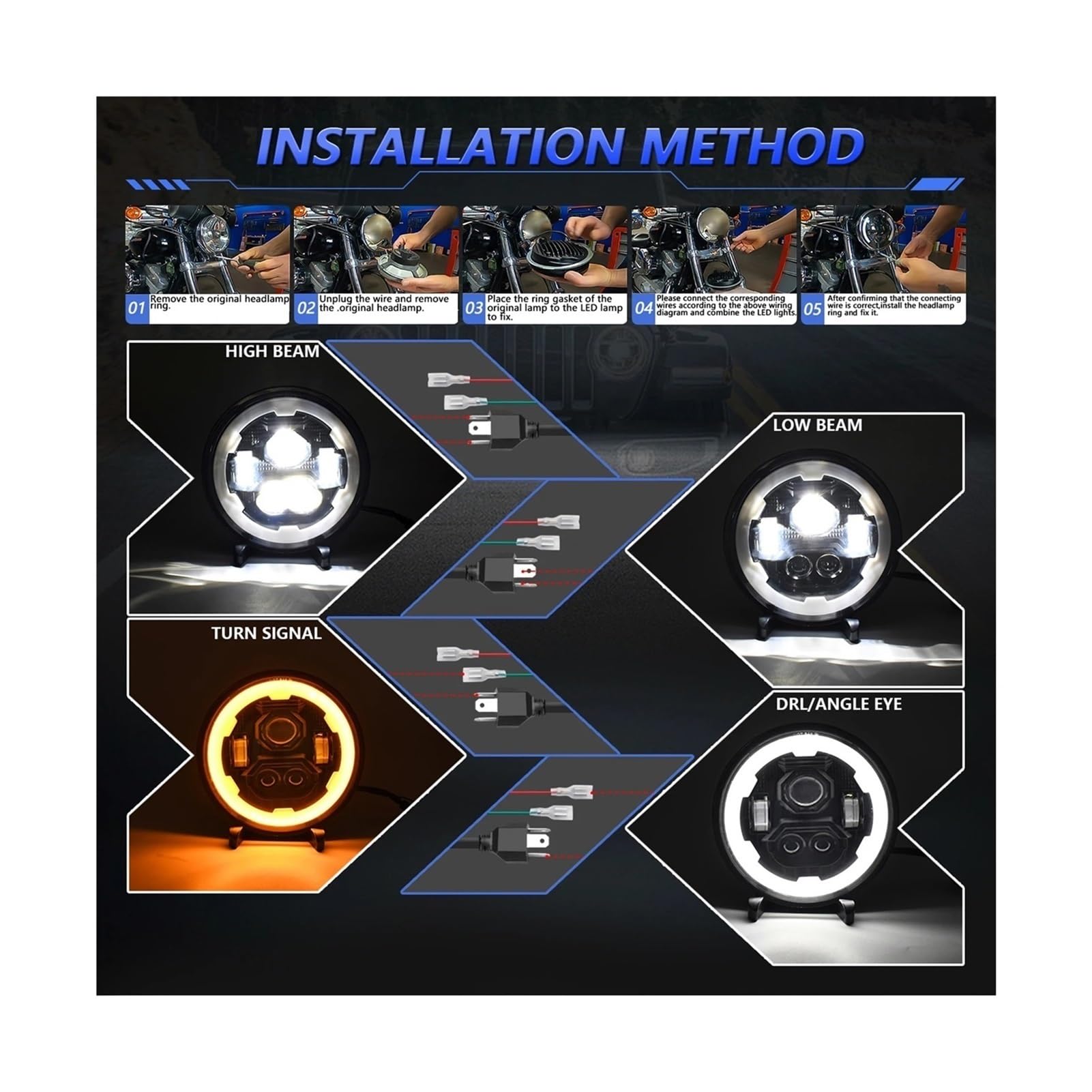 Per Auto Moto Impermeabile IP67 Confezione Da 2 Fari LED 7 Pollici Rotondi Con Fascio Hi/Lo DRL E Indicatori Di Direzione Ambra Fanale Anteriore Moto(2pcs)