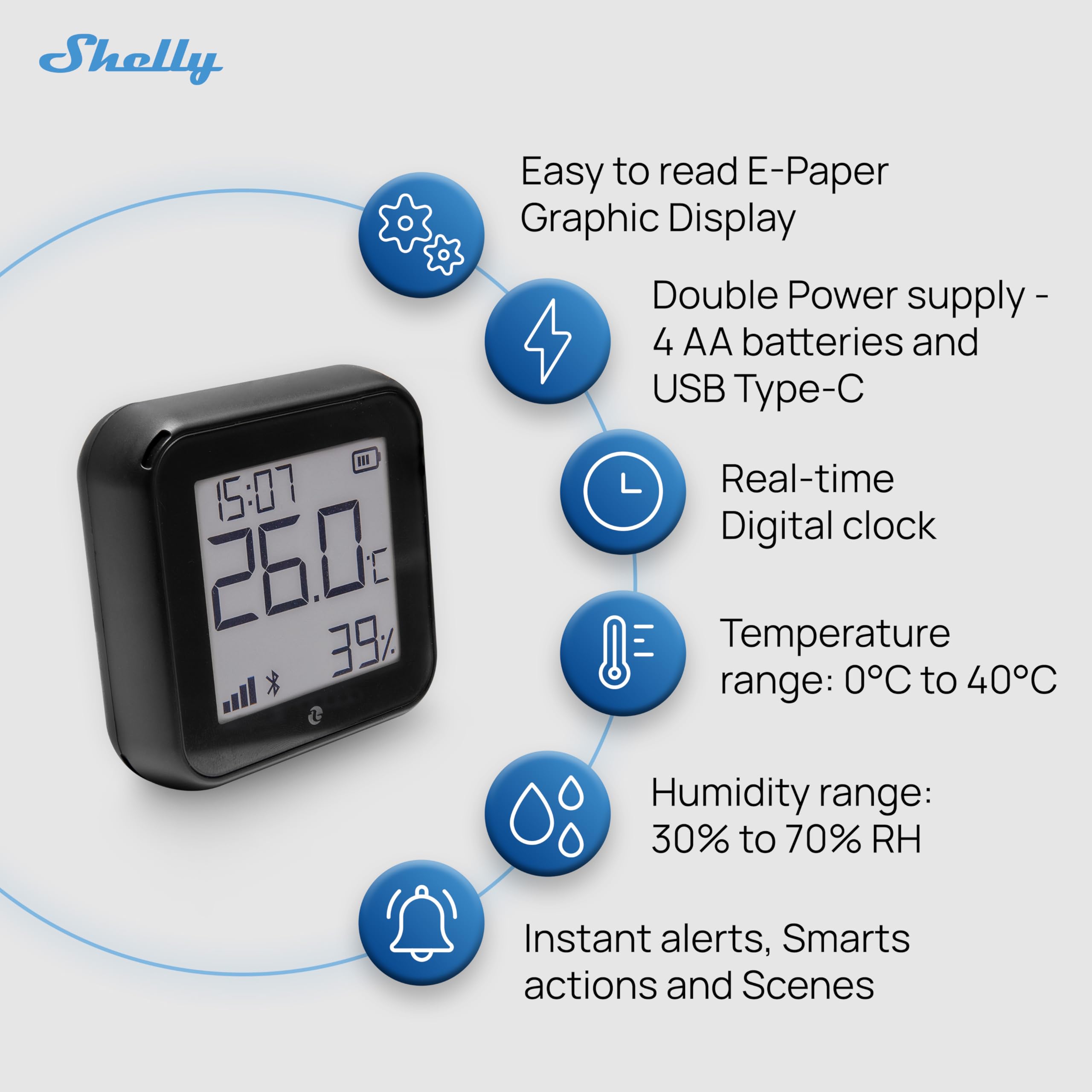Shelly AZ H&T Nero, Sensore Intelligente di Temperatura e Umidità Wi-Fi, Connessione Rapida con Alexa, Archiviazione Dati, Nessun Hub Richiesto, Scene Intelligenti, Smart Home, Domotica
