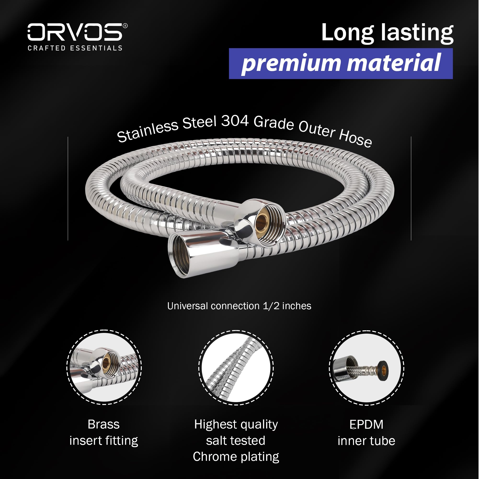 Orvos Shower hose extendable, Premium 304 Stainless Steel outer hose, with EPDM inner tube, 1 to 1.2 meter, for hand showers and health faucets in high end luxury bathrooms 4