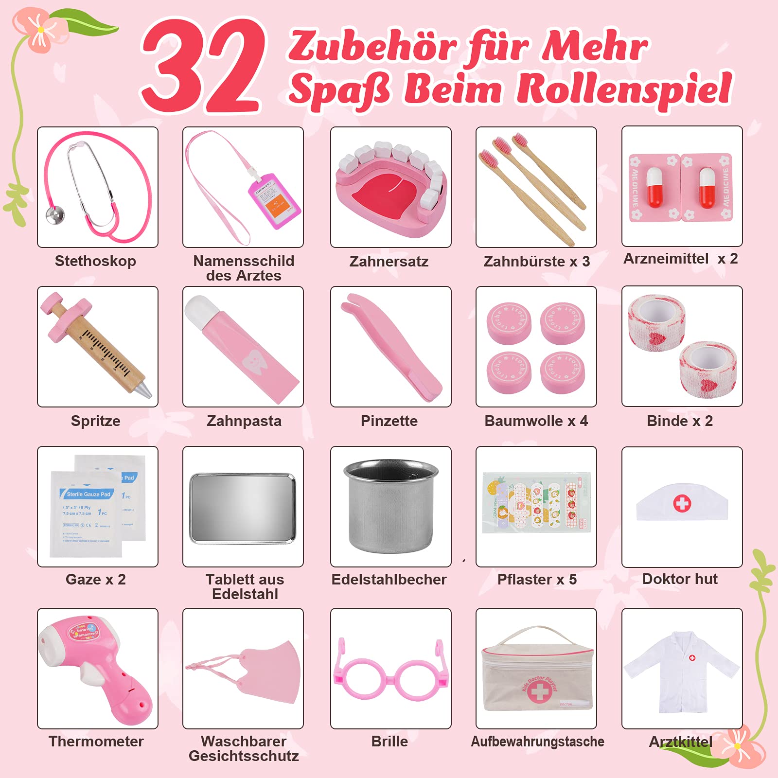 Sundaymot Arztkoffer für Kinder - 32-teiliges Medizinisches Spielzeug Rollenspiel Set, Doktor Spielset Kit mit Stethoskop, Geschenk für Mädchen ab 3 Jahren