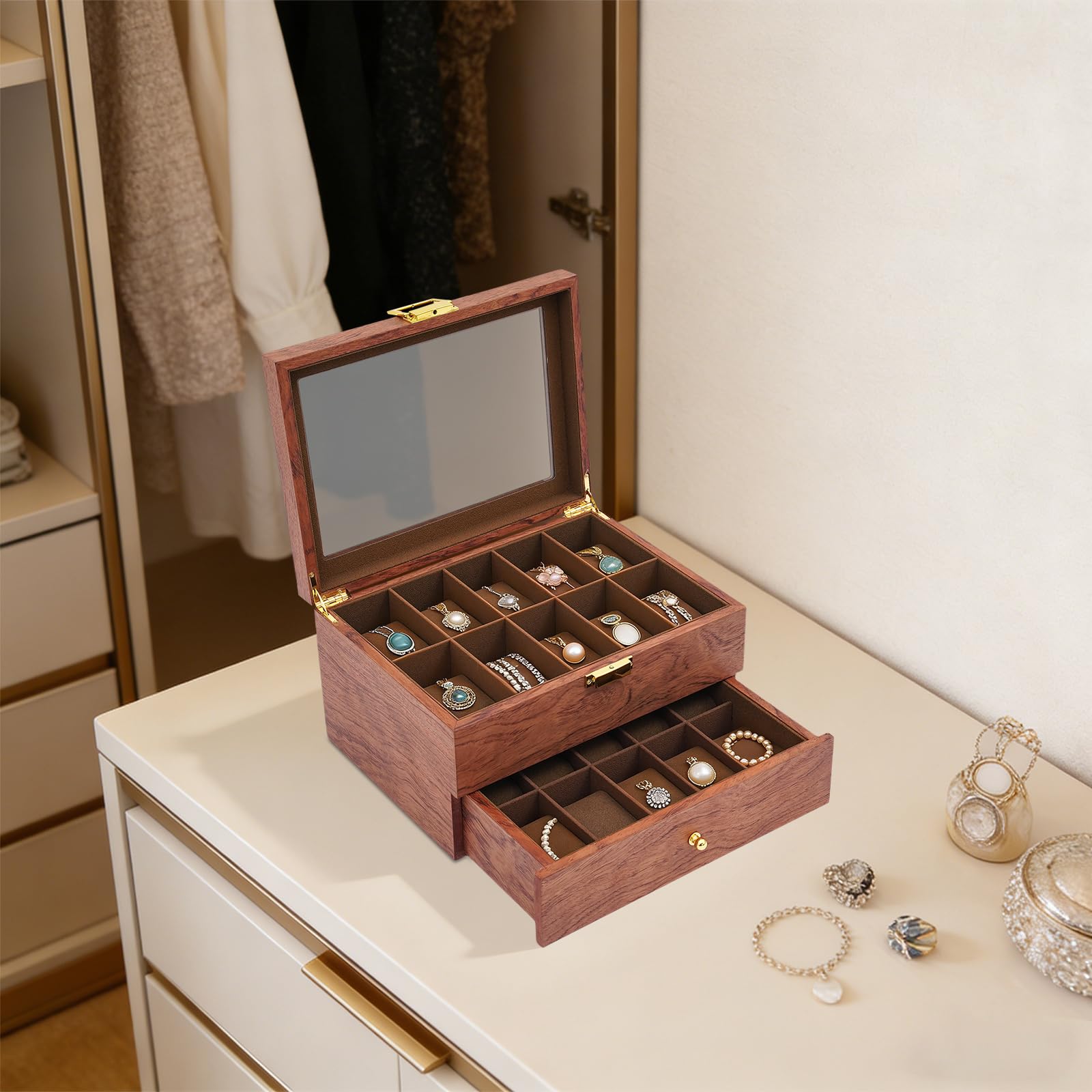 Caja Relojes, Caja de Relojes Hombre con 20 Ranuras, Estuche de Relojes de Madera de 2 Niveles con Tapa de Cristal, Forro de Terciopelo, Regalo de Hombres Amante Relojes Queridos
