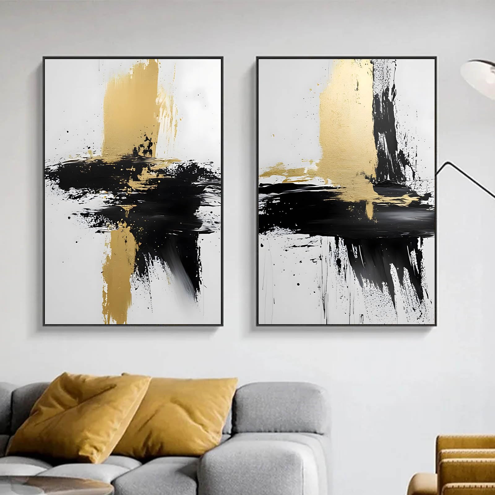 Black White Gold Abstract Wall Art Gold Foil Canvas Wall Art Black Grey And Gold Black White Grey Pictures Black Brush Stroke Wall Art Modern Abstract Picture Living Room Decor 16x24inchx2pcs No Frame