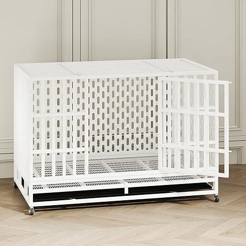 Jaula de acero indestructible para perros de 48 pulgadas, resistente a prueba de escape, jaula de alta ansiedad para interiores de doble puerta, con