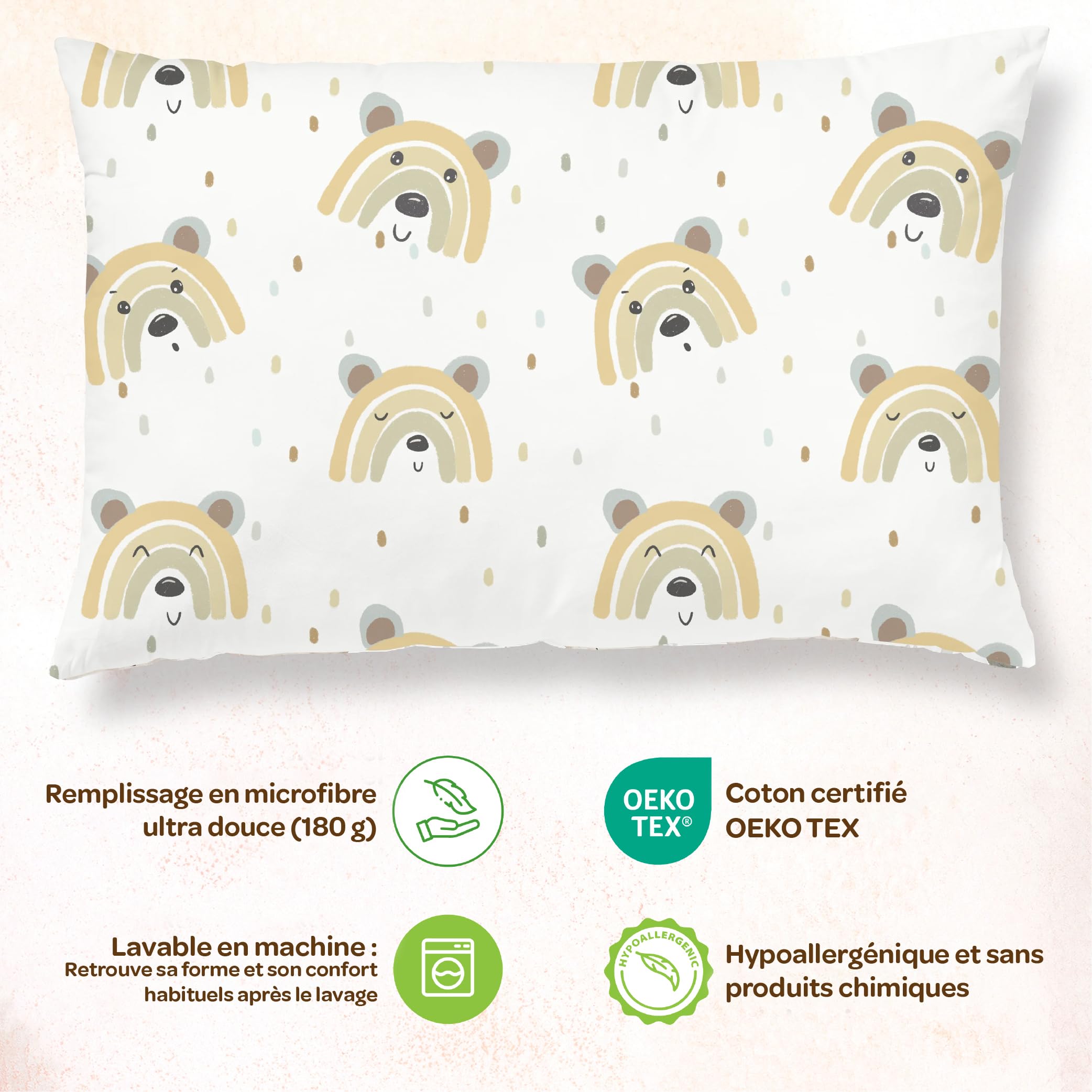 Oreiller Enfant avec Taie 33X45 Cm en Coton Oeko-tex - Coussin Bebe pour Siestes Ecole Maternelle Et Voyages - Lavable en Machine - Oreiller Enfant 1-3 Ans - Coussin Lecture Enfant Chambre Fille