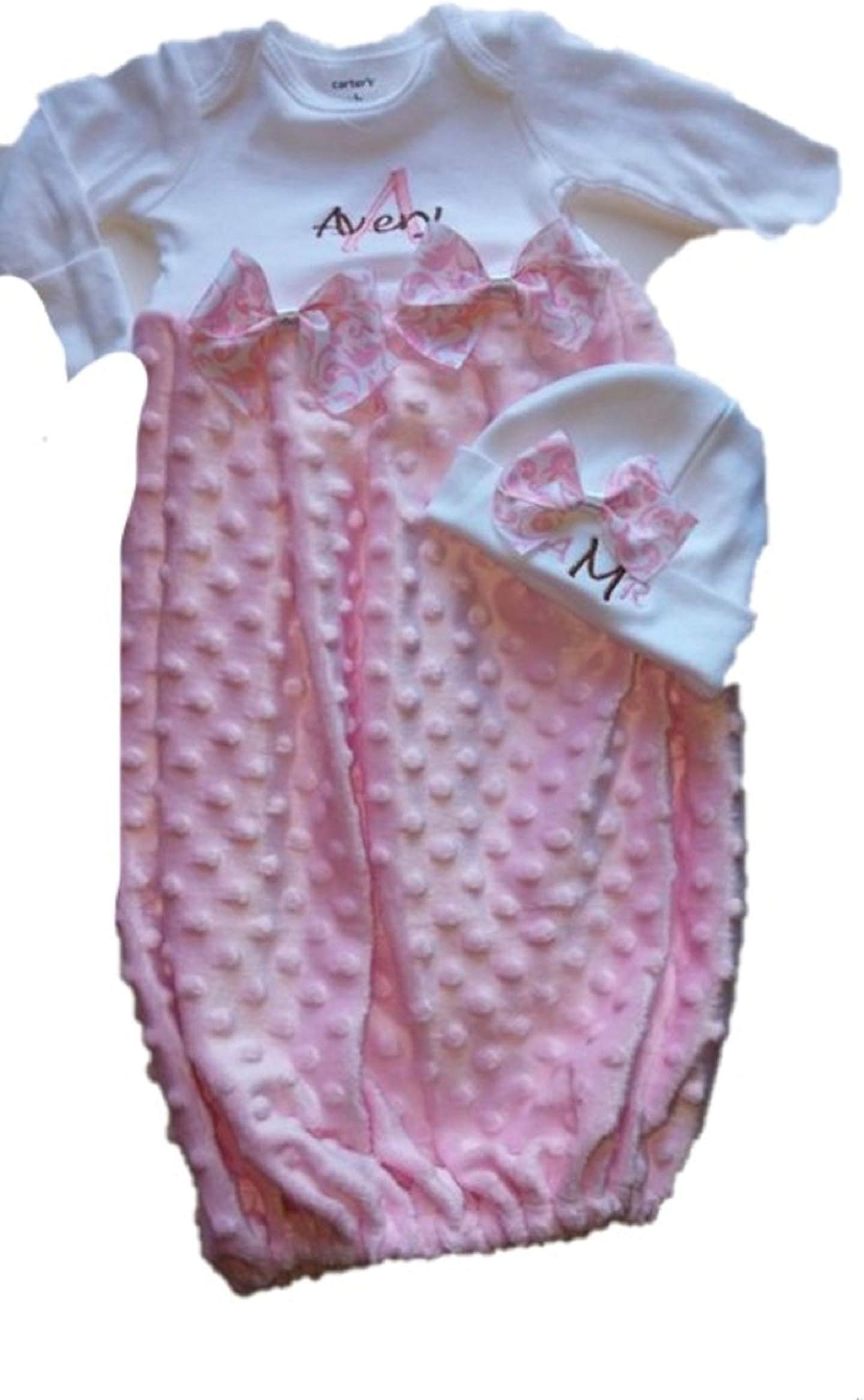 Theposhlayette Newborn Baby Girl Coming Home Outfit Personalized Layette Gown with Beanie Baby Shower Gifts Pink Brown