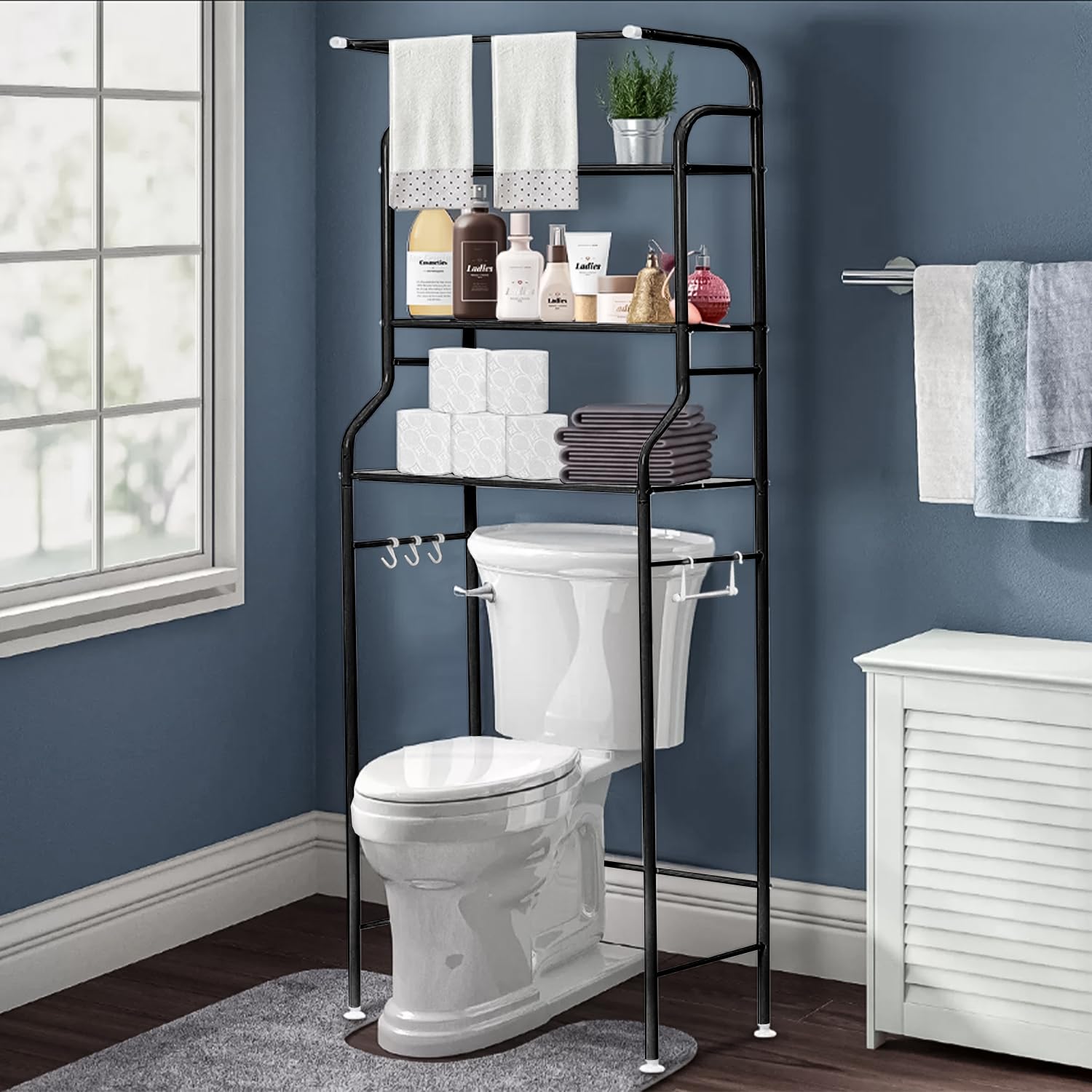 Lukzer 3-Layer Over The Machine Bathroom Shelf with Towels Hanging Rod, Durable and Sturdy, Modern Design-Space Saver Multifunctional Bathroom Organizer Metal Storage Rack,(Black)-image-2