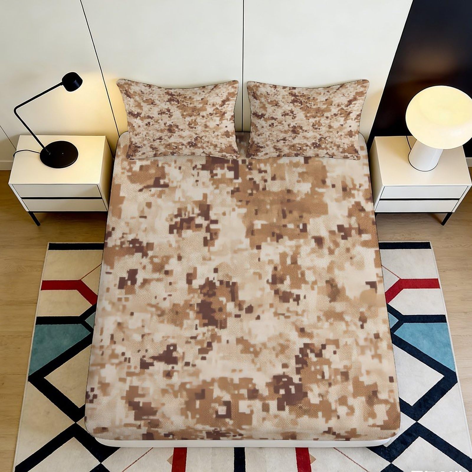 3D Printed Desert Camouflage Fitted Sheet Microfiber Soft Breathable Pixel Pattern Bed Cover for Bedroom Dormitory Guest Room Mattress Protection 200x200x25cm