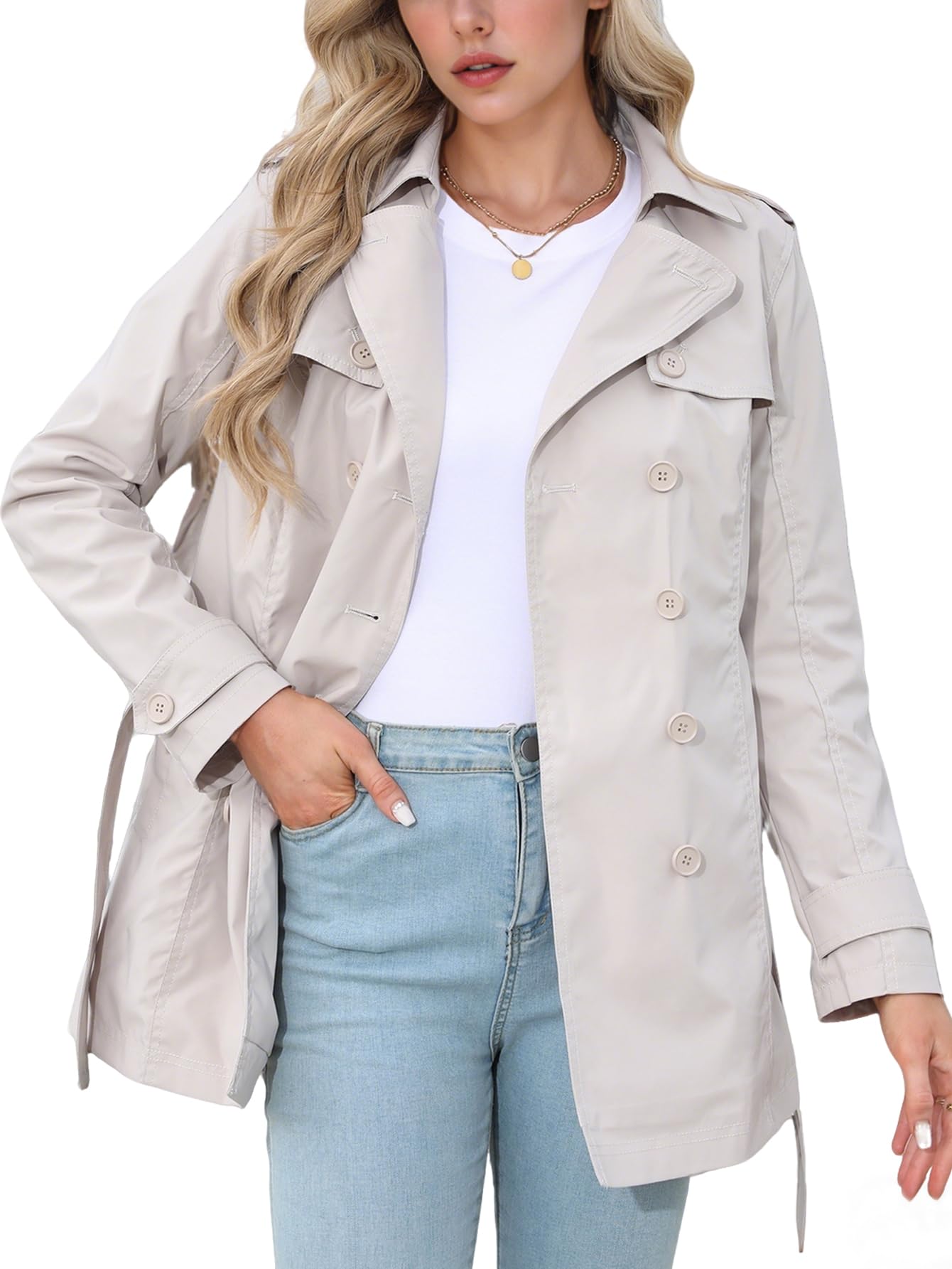 Womens Trench Coat Double-Breasted Lapel Windproof Classic Overcoat Slim Outerwear Coat with Belt