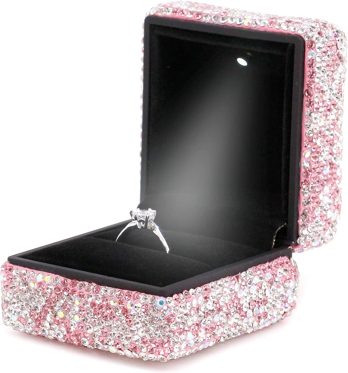 Naimo Rhinestone Square Ring Box with LED Light Luxury Ring Case Display Holder Jewelry Gift Box for Proposal Engagement Wedding Anniversary Valentines