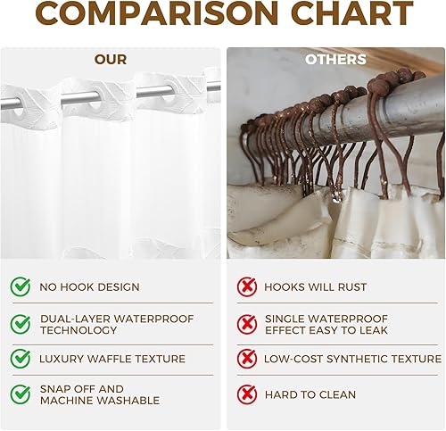 Miniatura 7 de downluxe Cortina de ducha sin gancho con forro a presión, juego de cortina de ducha de tela de gofre blanca para baño, cortinas impermeables de