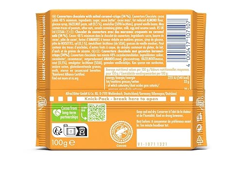 Miniatura 6 de Ritter Sport - Barras de caramelo de chocolate veganas  3 barras de chocolate vegano de 3.53 oz  Caramelo salado, avellanas enteras y sabor suave a