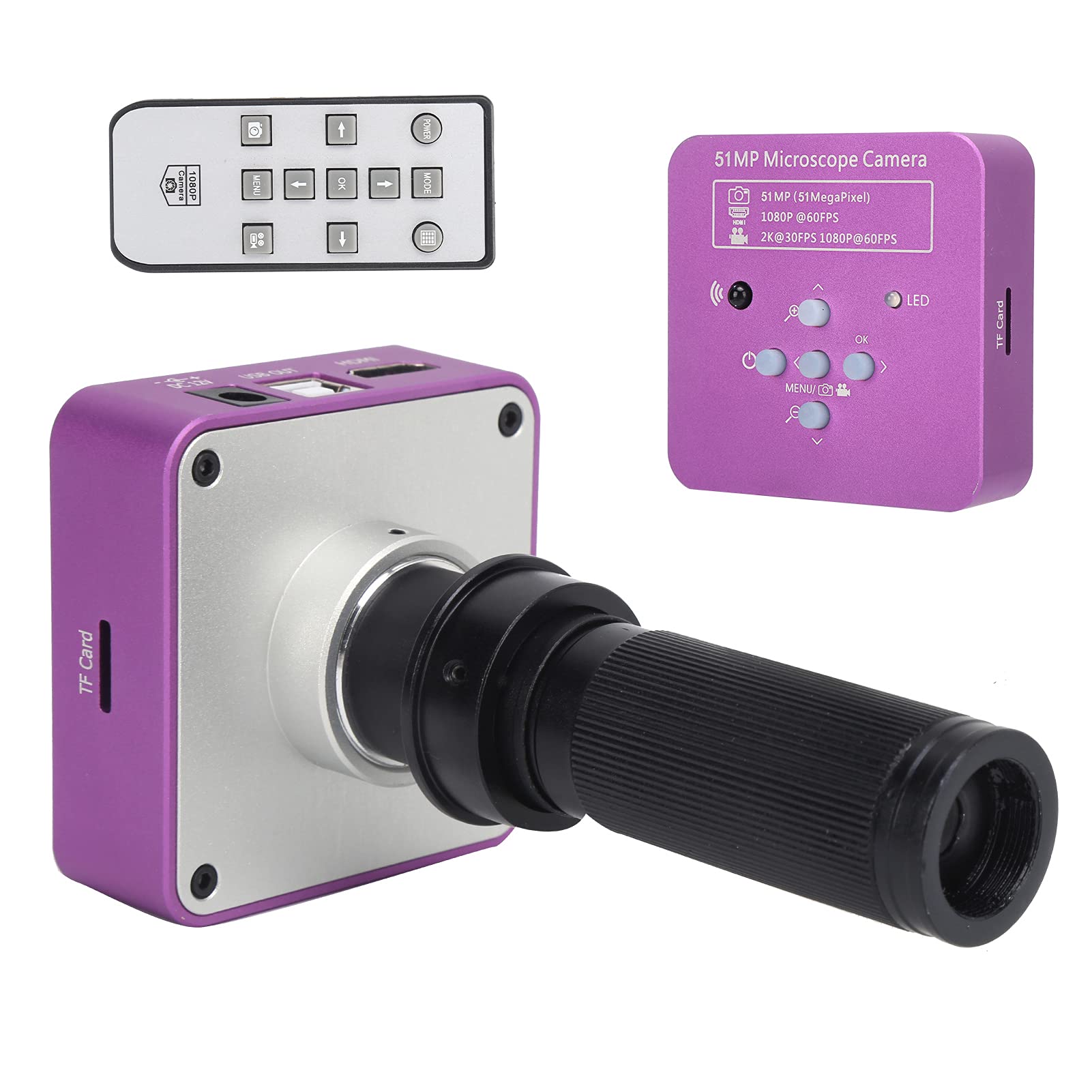 USB FHD Videocamera per Microscopio Elettronico Digitale Industriale da 51 MP Sensore CMOS da 1/2.33 Pollici Obiettivo con Attacco a C 120X Videocamera per Microscopio HDMI con Telecomando(EU Plug)