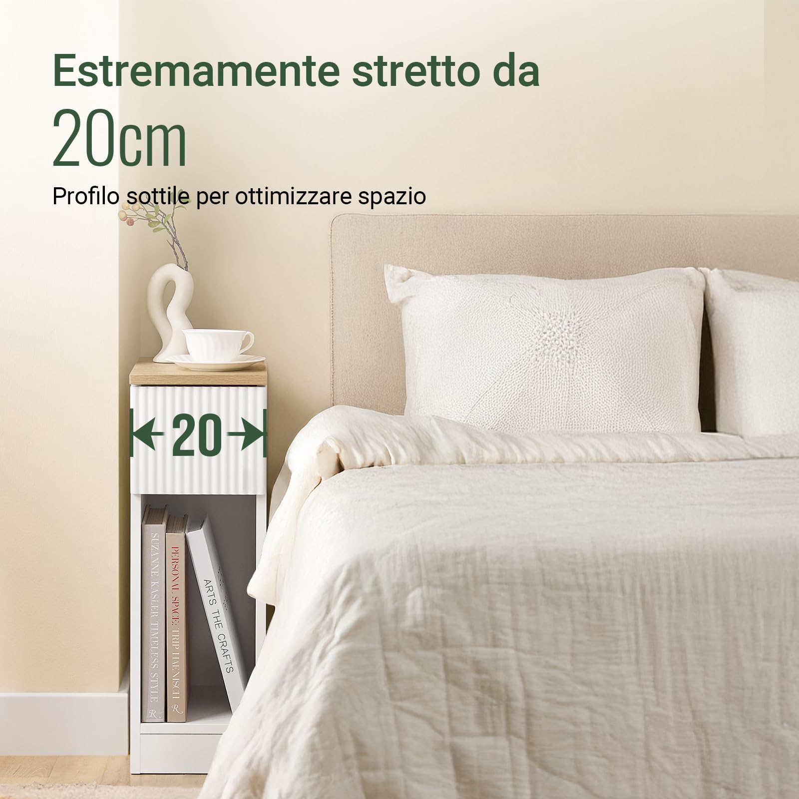 SoBuy comodino camera da letto 20 cm, tavolino da letto e tavolino salotto con cassetto fisso e frontale a onde, tavolino salvaspazio per camera e piccoli ambienti, Bianco, 20x35x60 cm, FBT111-W