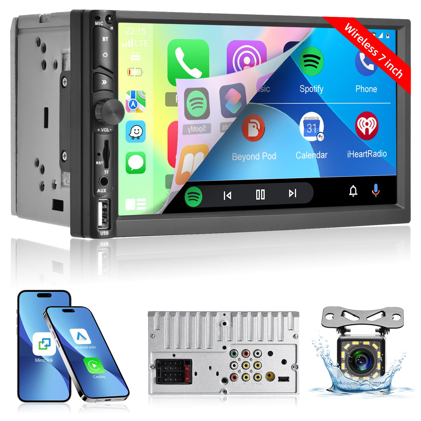 Radio de Coche 2 DIN con Carplay Inalámbrico y Android Auto - Radio de Coche con Pantalla Táctil de 7 Pulgadas con Mirror Link EQ Bluetooth Radio FM SWC AUX USB + Cámara de Visión Trasera