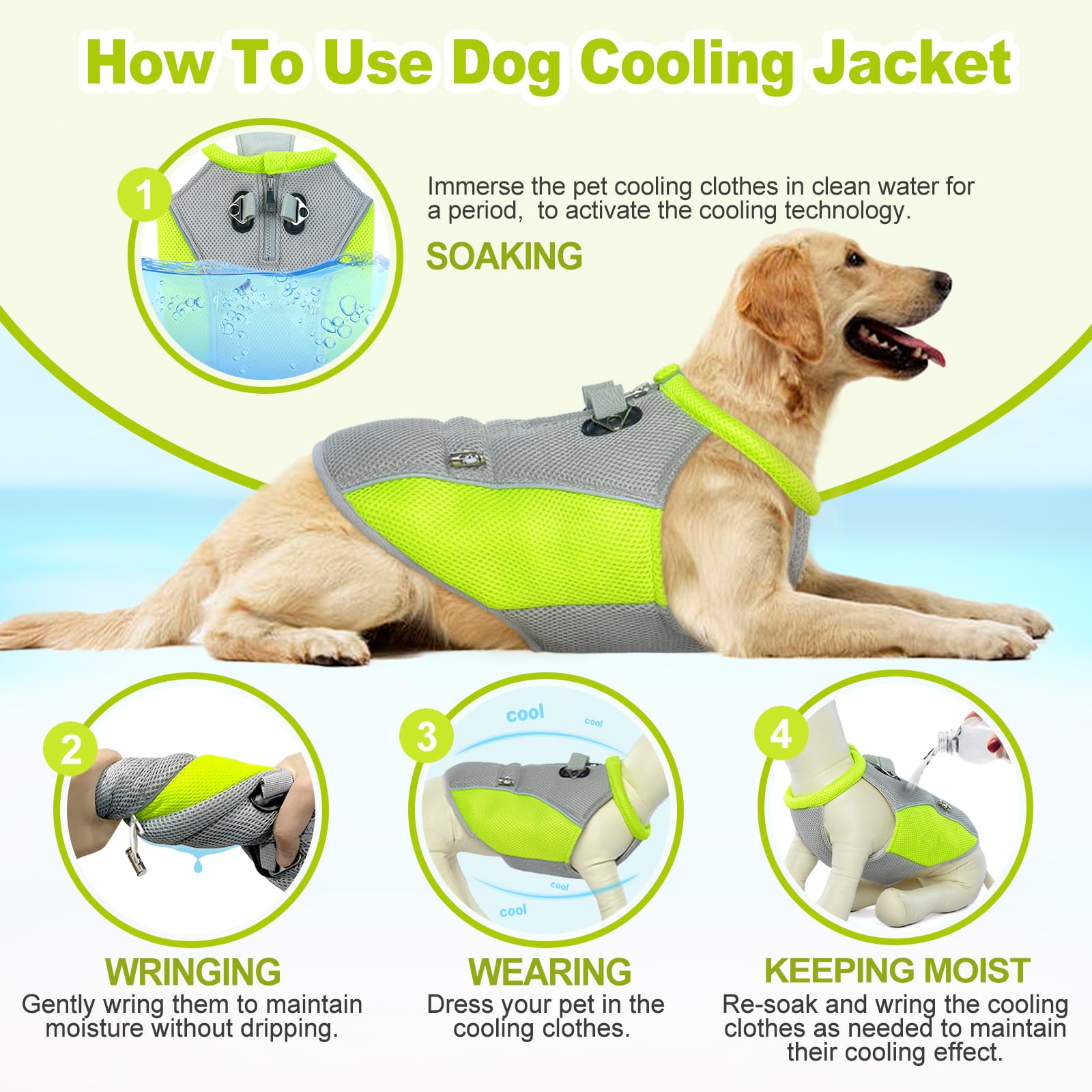 Gilet rafraîchissant pour Chien, Manteau rafraîchissant pour Chien avec Laisse, Manteau rafraîchissant pour Chiens de Petite, Moyenne et Grande Taille, Veste rafraîchissante légère pour chie