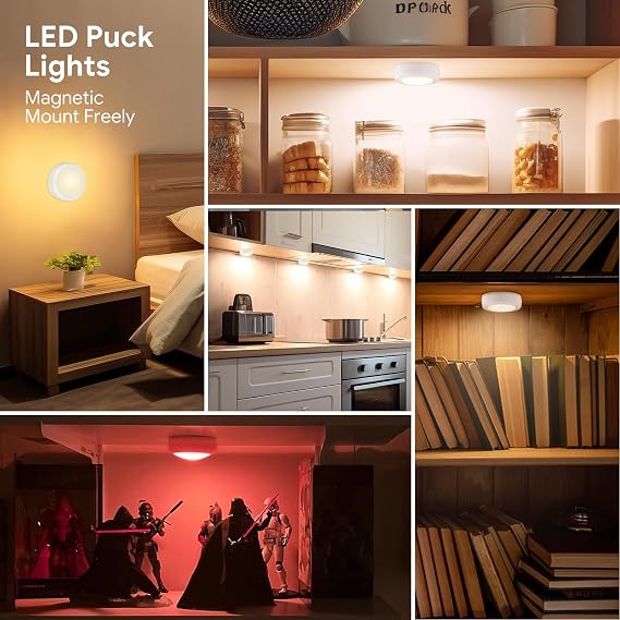 Yiliaw LED Puck Lights with Remote Control, AA Battery Operated, 12 Color Closet Under Cabinet Lighting, Push Tap Light, Under Counter for Kitchen, 12 Pack, White-Magnetic