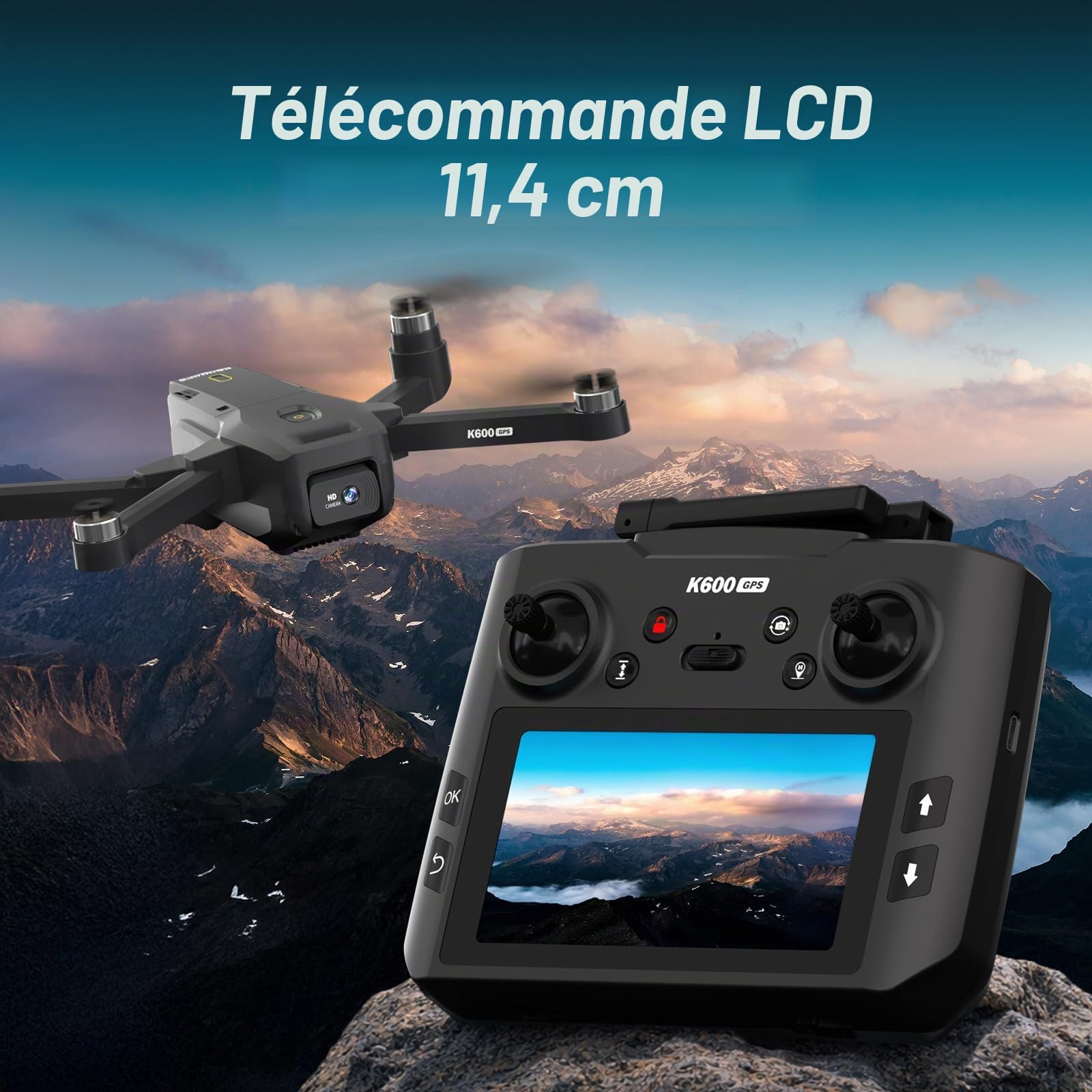 K600GPS Drone avec Caméra 1080P, Écran FPV 4,5", Retour Automatique à la Maison, Follow Me, Quadricoptère Télécommandé Pliable pour Adultes et Enfants Débutants, Autonomie de Vol de 22 Minutes