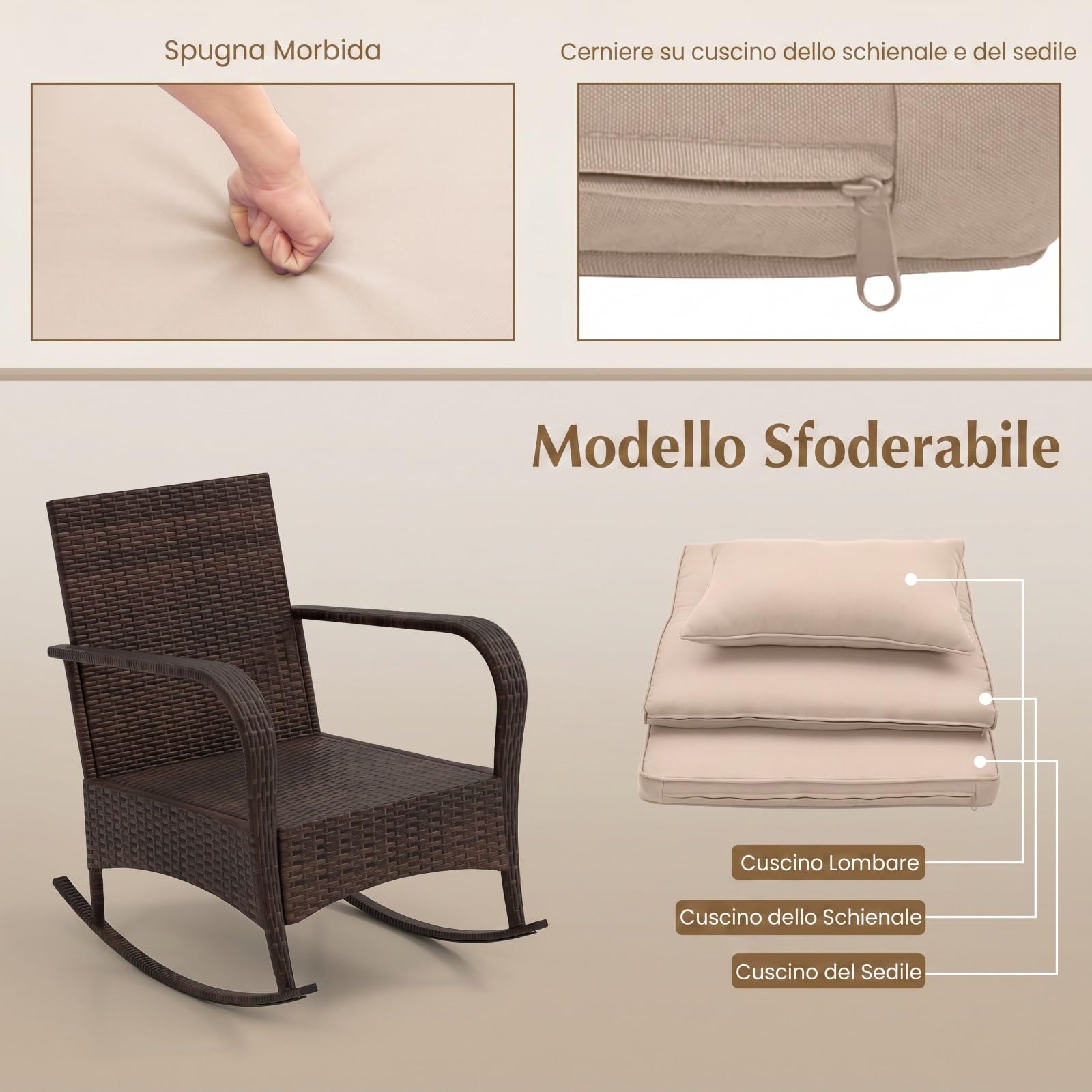 SOARS Salotto da Giardino Esterno 3 Pezzi, Set Giardino Esterno in Rattan con 2 Sedie a Dondolo e Tavolino in Vetro Temperato, Set Mobili a Dondolo da Esterno con Cucini per Cortile, Piscina, Balcone