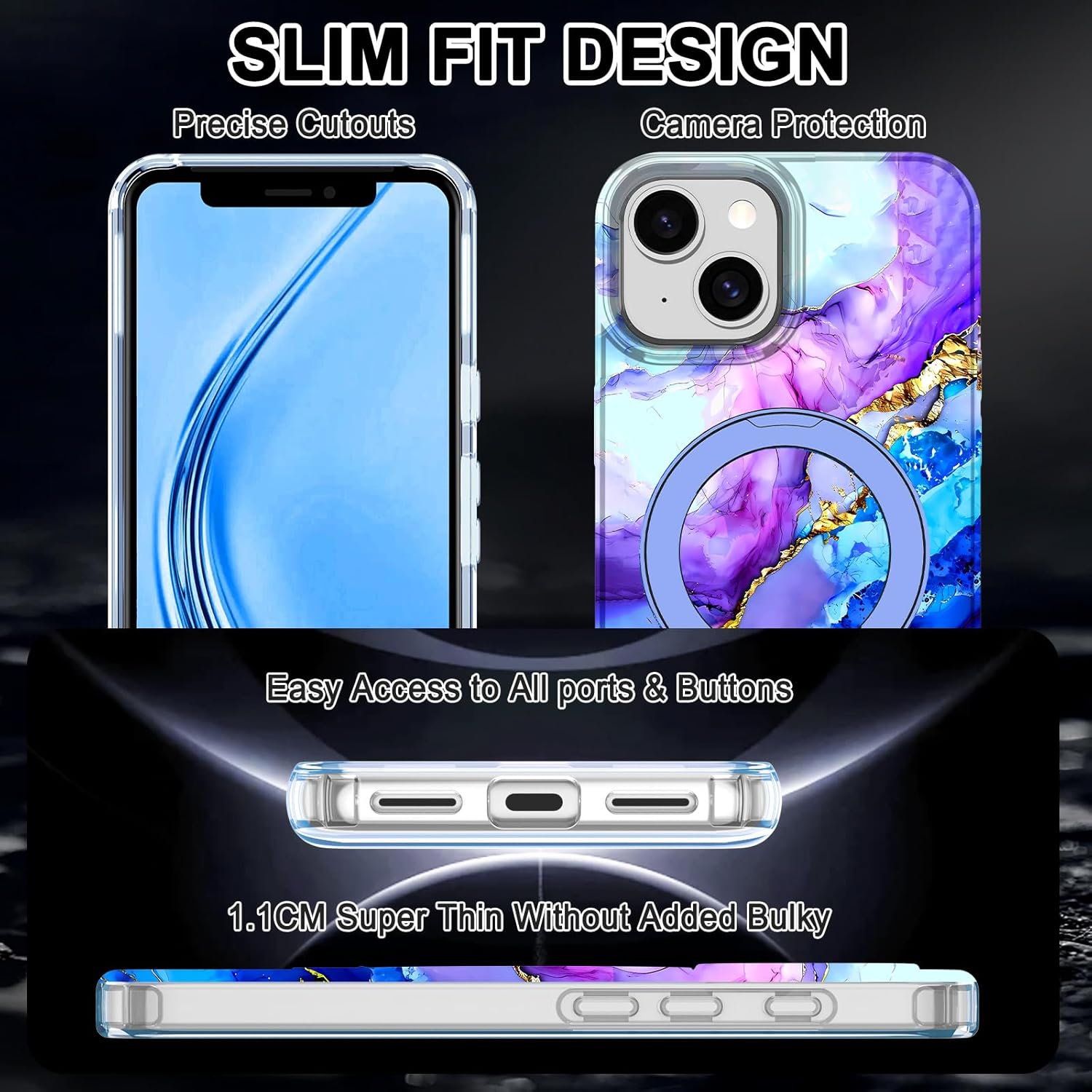 for iPhone 13 & iPhone 14 Case, [Compatible with MagSafe] [Magnetic Invisible Ring Stand], Shockproof Protective Slim Women Girl Case for Apple iPhone 13/14 6.1 inch, Blue Violet Marble - Image 8