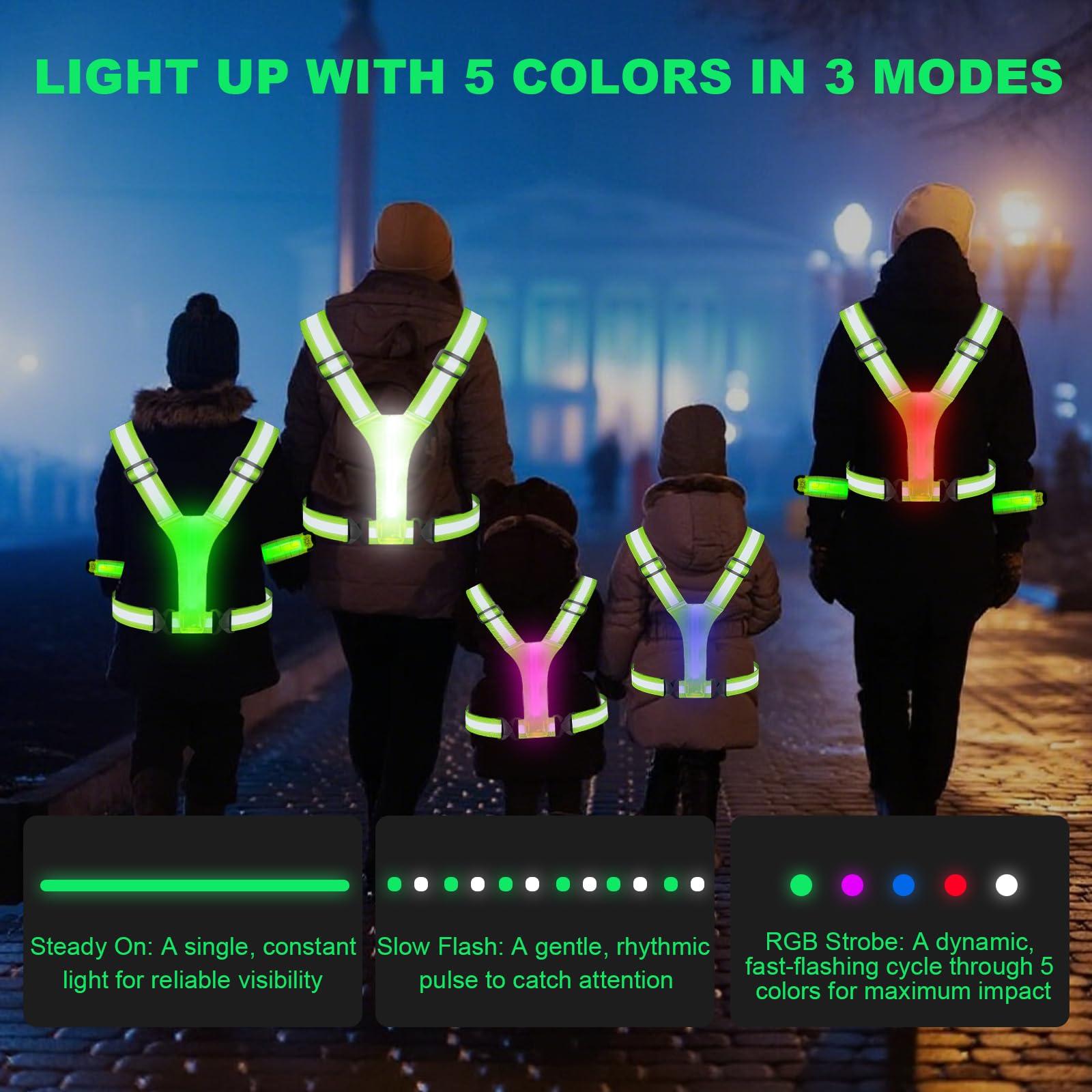 Équipement de course réfléchissant avec brassard LED rechargeable, 5 couleurs lumineuses, gilet de course réfléchissant rechargeable pour la marche de nuit, la course à pied, le cyclisme, le