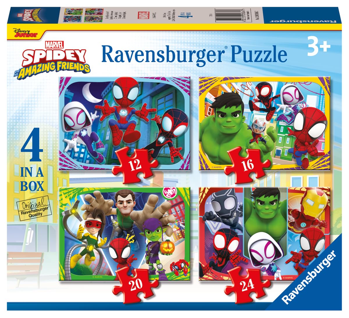 Ravensburger - Puzzle Marvel Spidey Amazing Friends, Collezione 4 in a Box, Idea Regalo per Bambini 3+ Anni, Gioco Educativo e Stimolante, 4 Puzzle 12-16-20-24 Pezzi, 19x14 cm