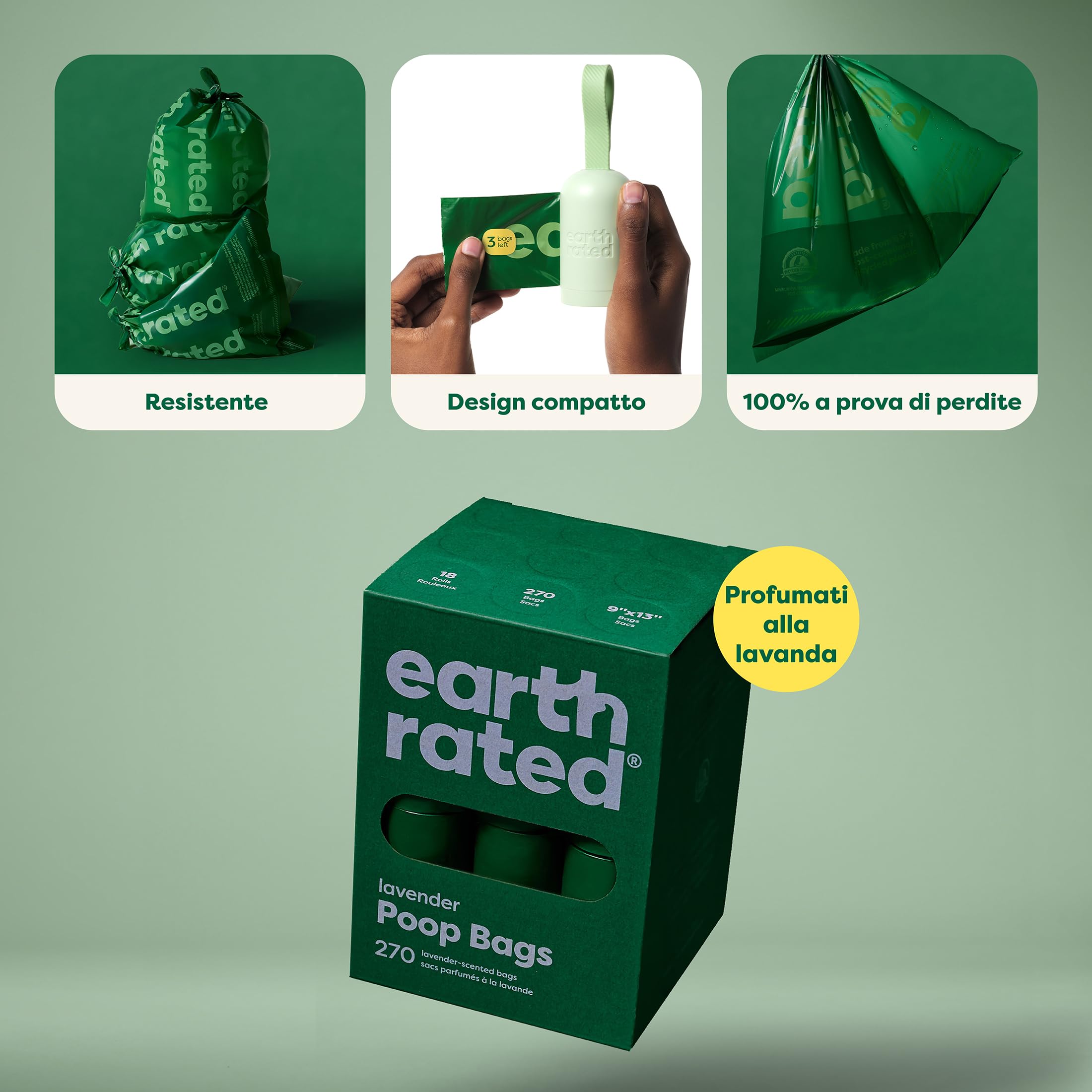 Earth Rated Sacchetti igienici per cani, a prova di perdite e extra resistenti, rotoli di ricarica, profumati alla lavanda, 270 pezzi