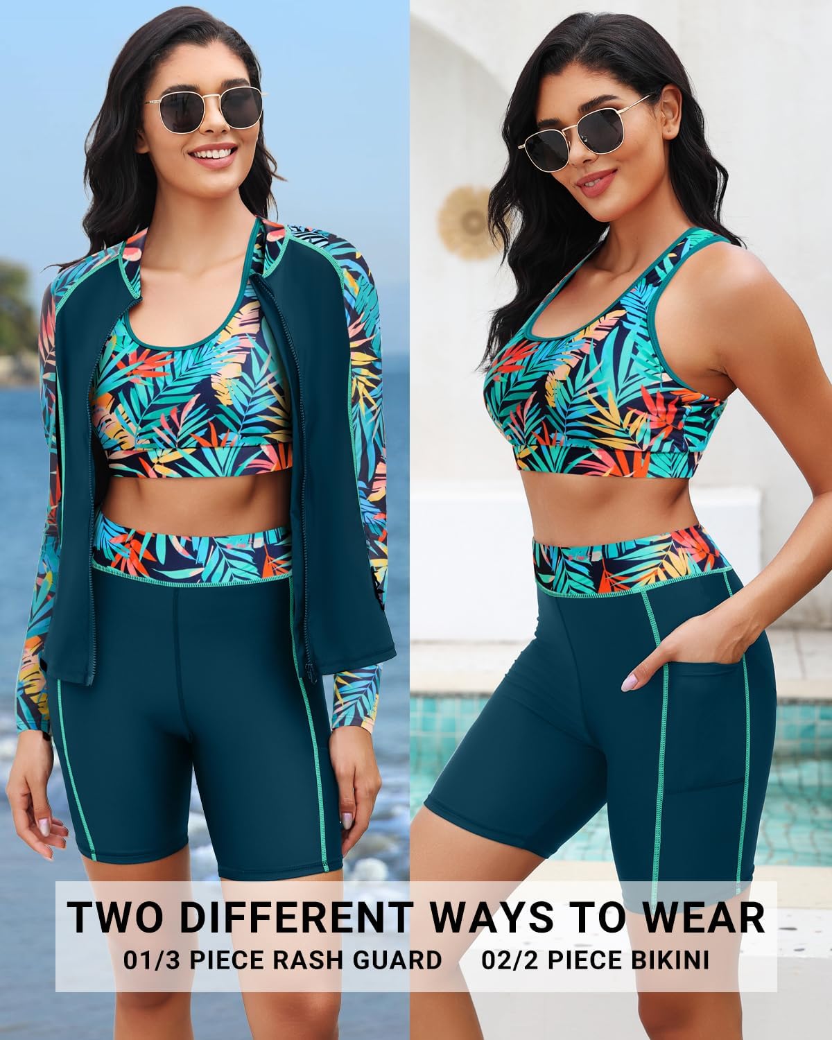 Daci Women 3 Piece Rash Guard - 3PC Long Sleeve Zip up Swim Shirt Sports Bra Modest Swimsuit with Shorts - Image 4