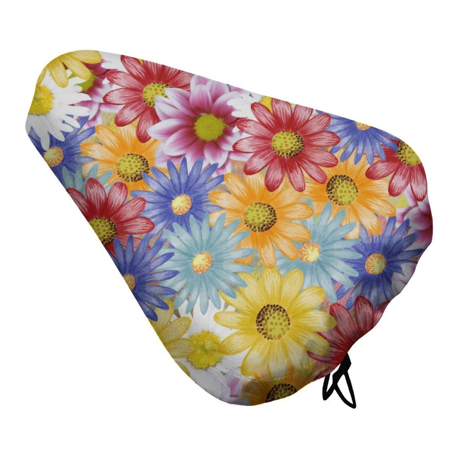 Treer Bike Seat Cushion Covers Waterproof, Daisy Outdoor Bicycle Saddle Rain Dust Cover with Elastic, Non-Slip Bicycle Seat Protector Shield for Journey and Travel (Colorful flower,4PCS)
