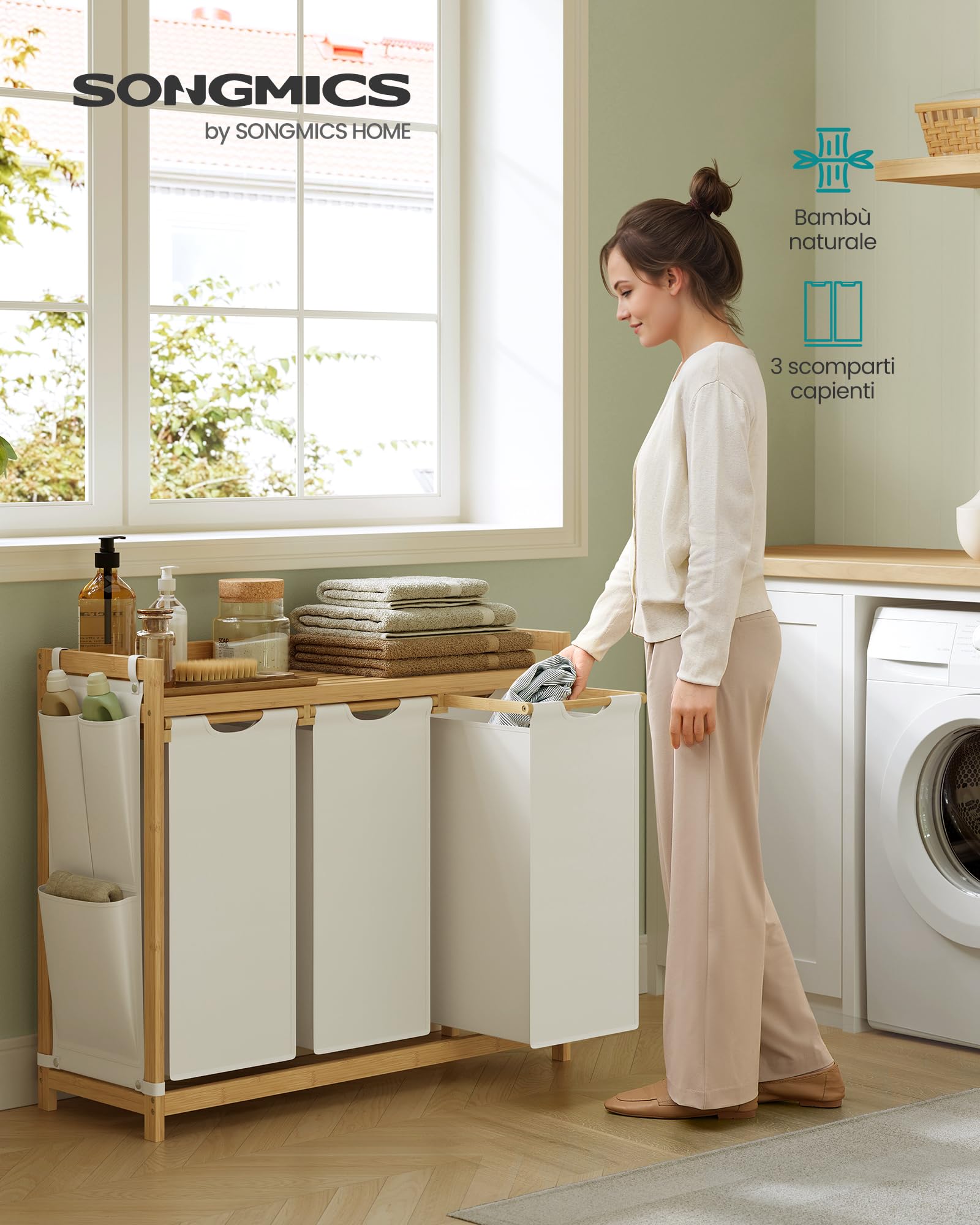 SONGMICS Cesto Portabiancheria a 3 Scomparti, Cesto Biancheria Sporca in Bambù 150 L, Porta Biancheria con Piano, Tasche Laterali, 3 x 50 L, 94 x 33 x 78 cm, Bianco Crema RLH115W01