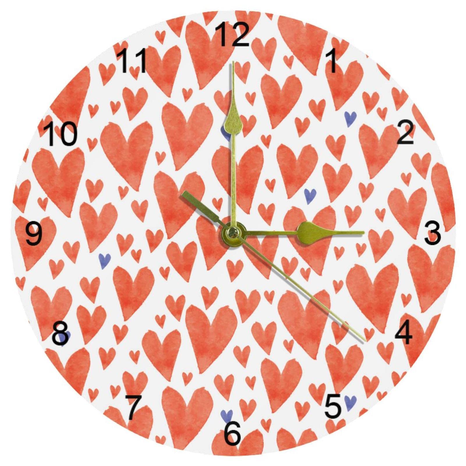 Horloge murale quartz 25 cm silencieuse à motif aquarelle de cœurs ronds pour salon