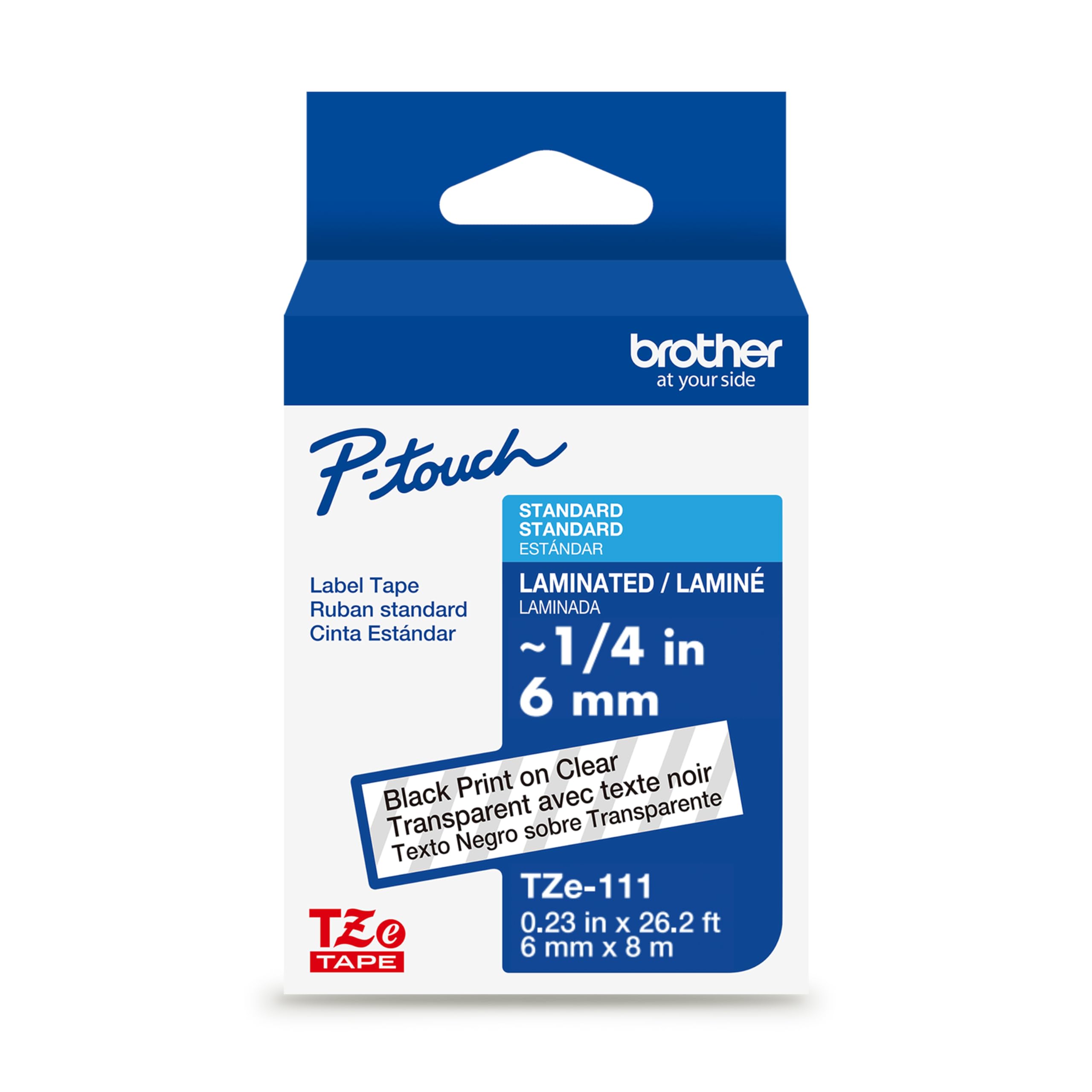 Brother Genuine P-Touch TZe Black Print on Clear Label Tape (TZe111), Laminated,1/4in x 26.2ft (6mm x 8m), for Select P-Touch Label Makers, Durable,