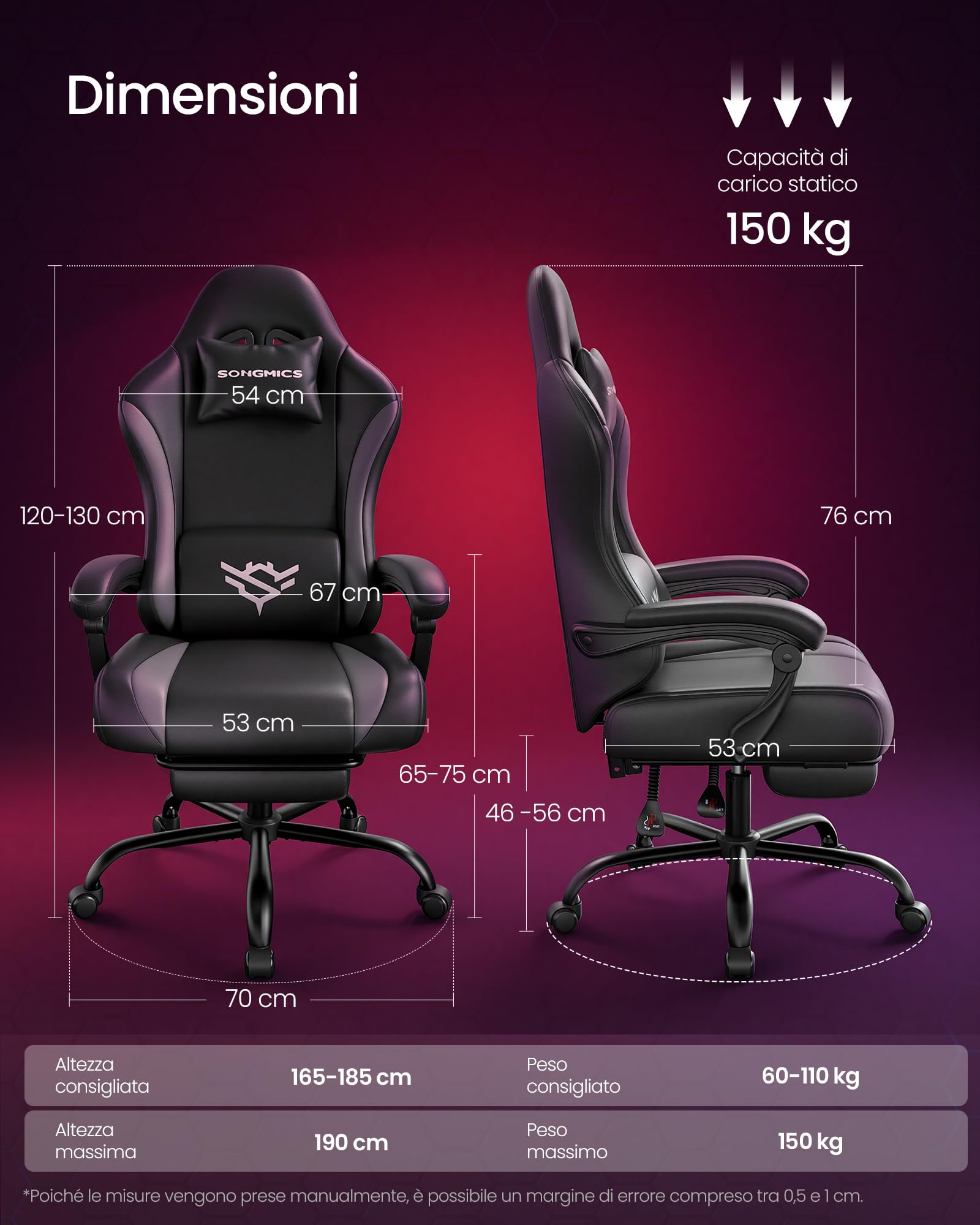 SONGMICS Sedia da Gaming, Sedia Ergonomica da Ufficio, Reclinabile a 135°, con Poggiapiedi e Supporto Lombare, 70 x 70 x (120-130) cm, Nero Inchiostro e Grigio Tortora, OBG091BH01