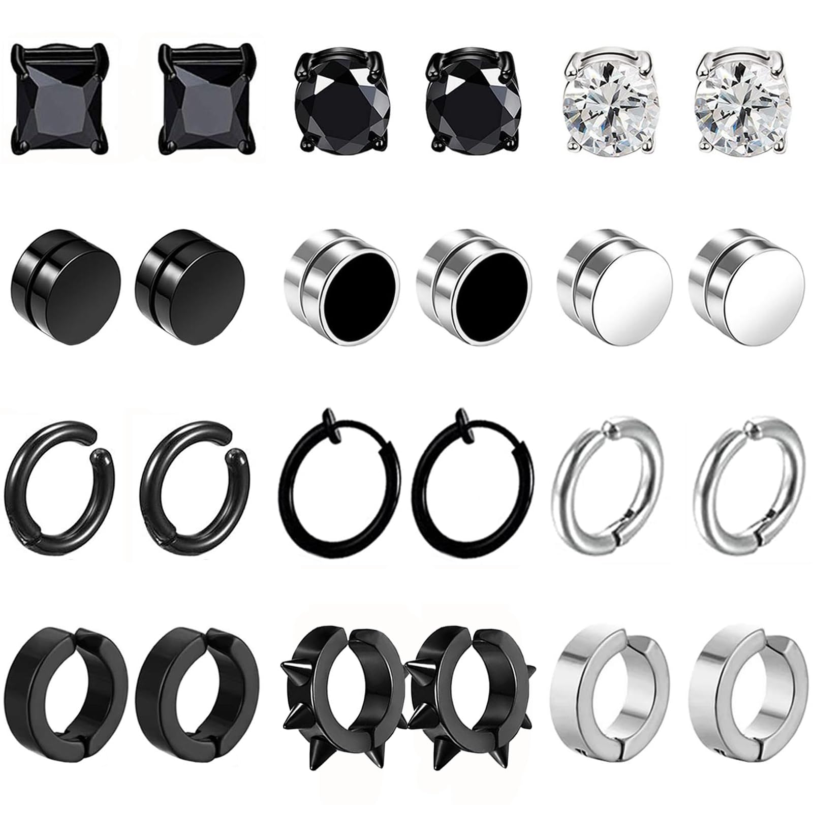 VELESAY 12 Pares Falsos Pendientes Magnéticos de Acero Inoxidable Imán Hombre Pendientes Clip Hombre Sin Agujero Pendiente CZ Magnet Mujer Aro Pendientes Set Negro Plata